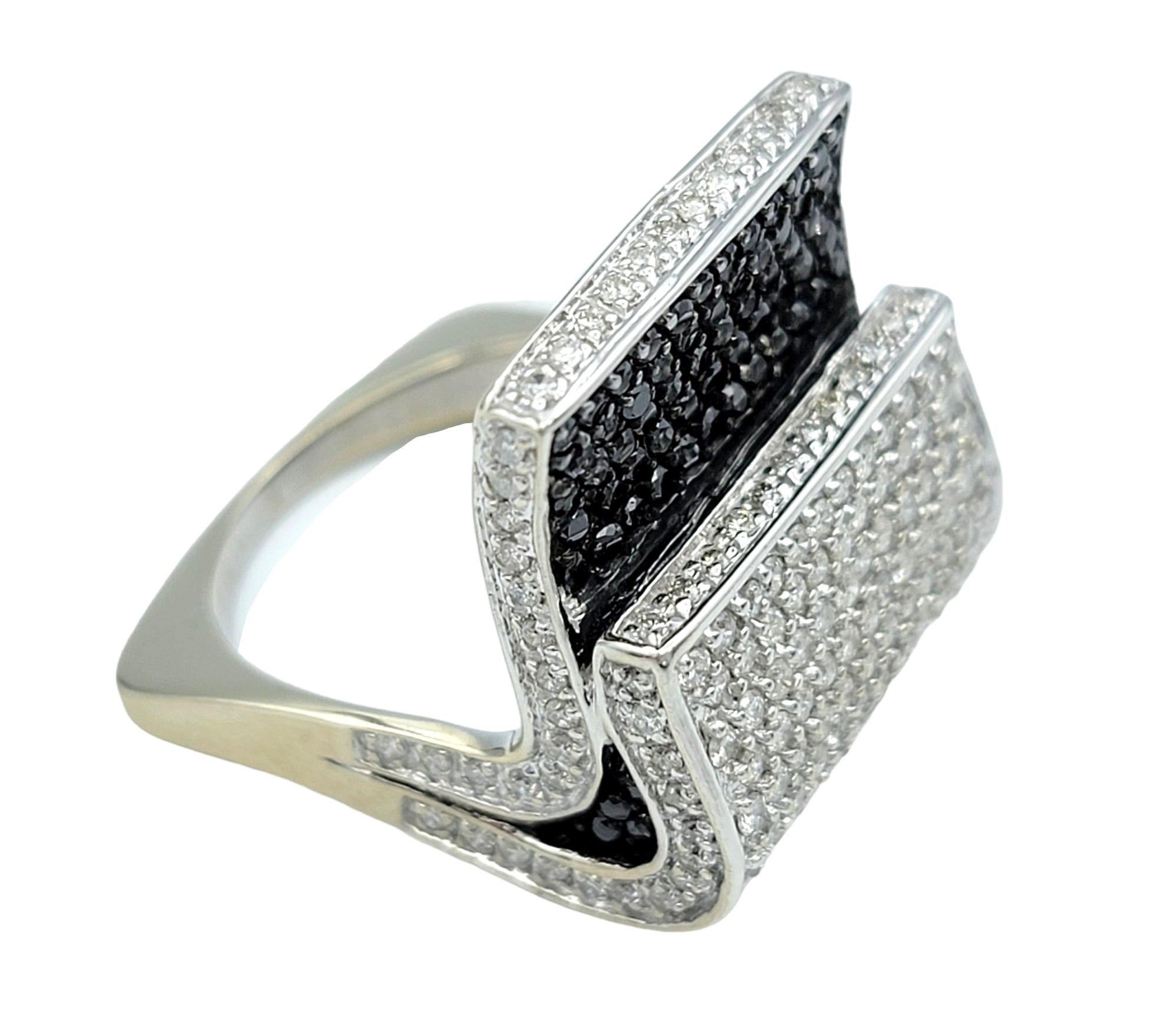 Stacked Black and White Pavé Diamond Squared Cocktail Ring 14 Karat White Gold In Good Condition For Sale In Scottsdale, AZ