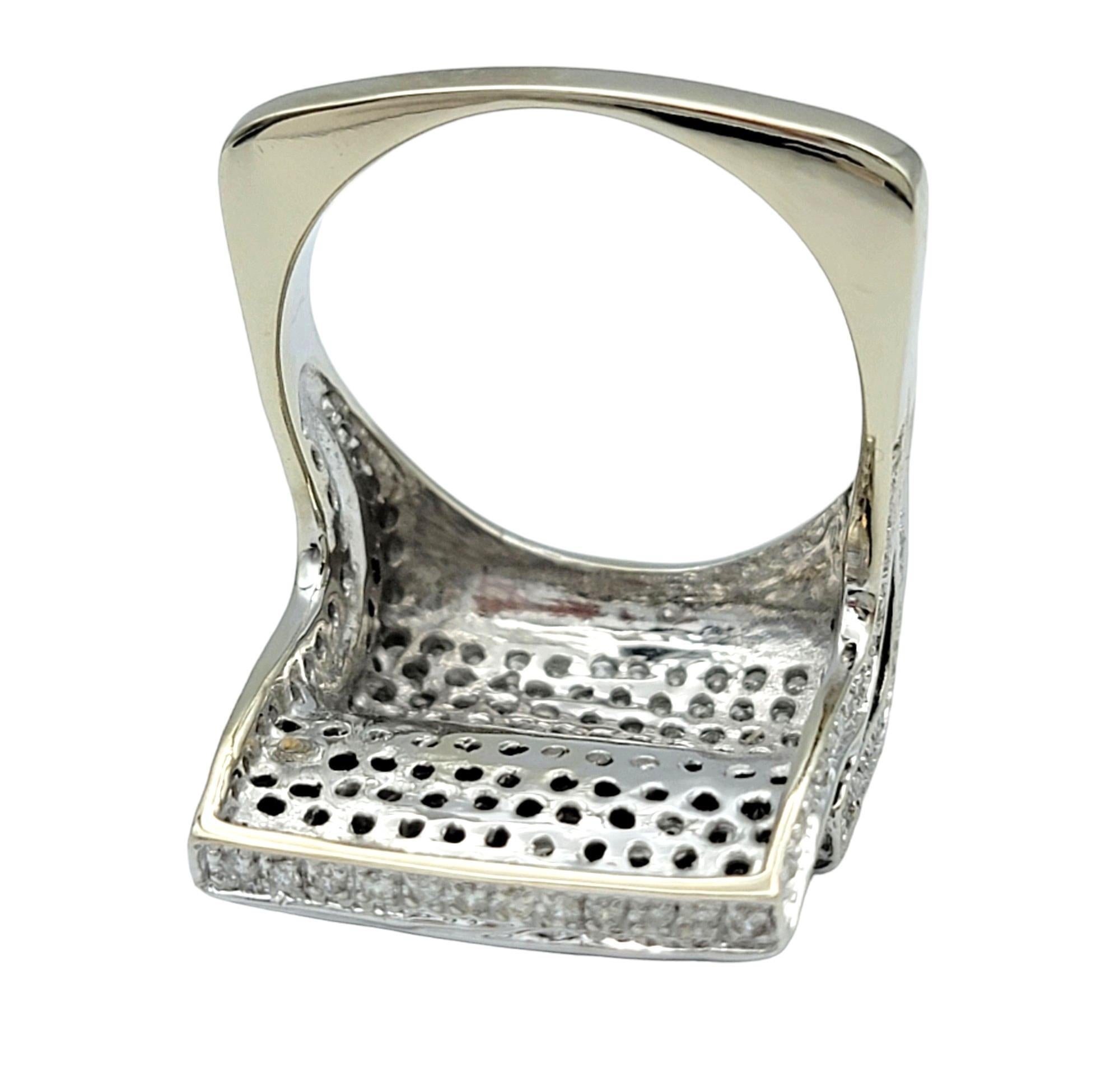 Stacked Black and White Pavé Diamond Squared Cocktail Ring 14 Karat White Gold For Sale 1