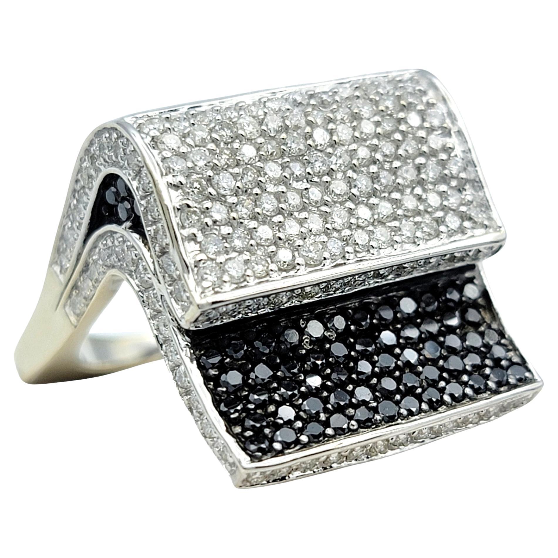 Stacked Black and White Pavé Diamond Squared Cocktail Ring 14 Karat White Gold For Sale