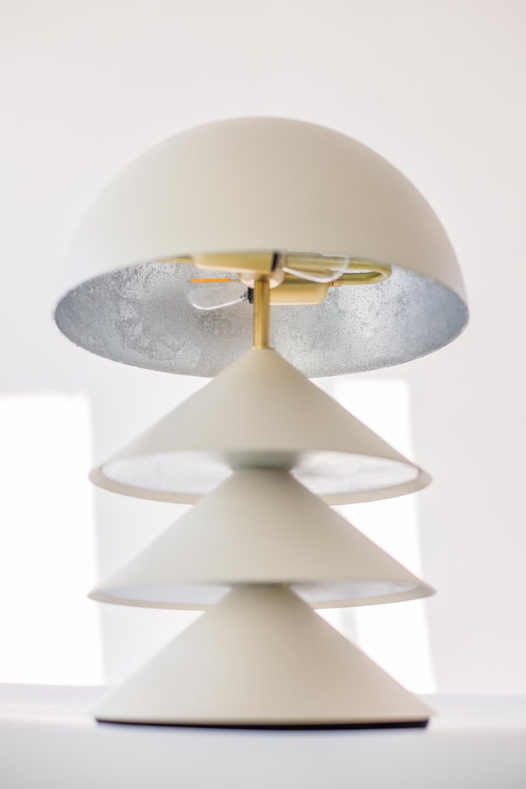 Stacked Bone and Brass Powder-Coated Table Lamp with Peekaboo Silver Leaf Shade For Sale 4
