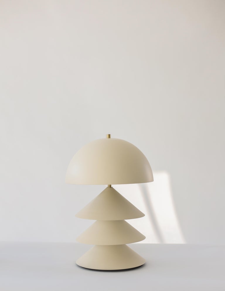 Contemporary Stacked Bone and Brass Powder-Coated Table Lamp with Peekaboo Silver Leaf Shade For Sale