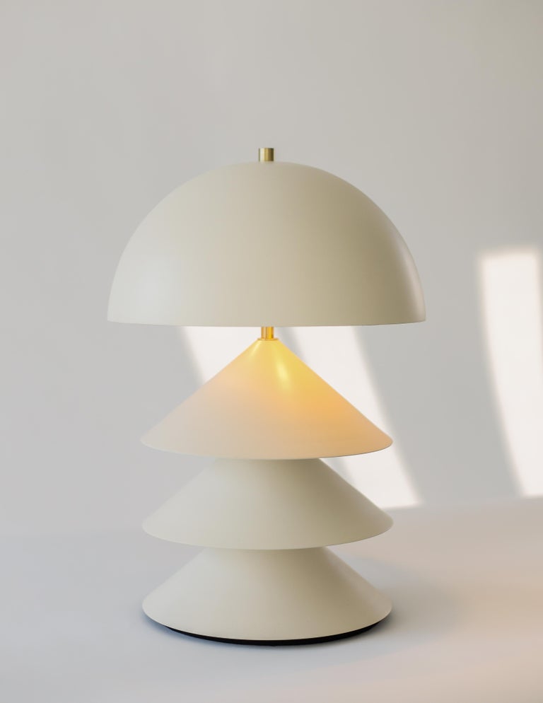 Steel Stacked Bone and Brass Powder-Coated Table Lamp with Peekaboo Silver Leaf Shade For Sale