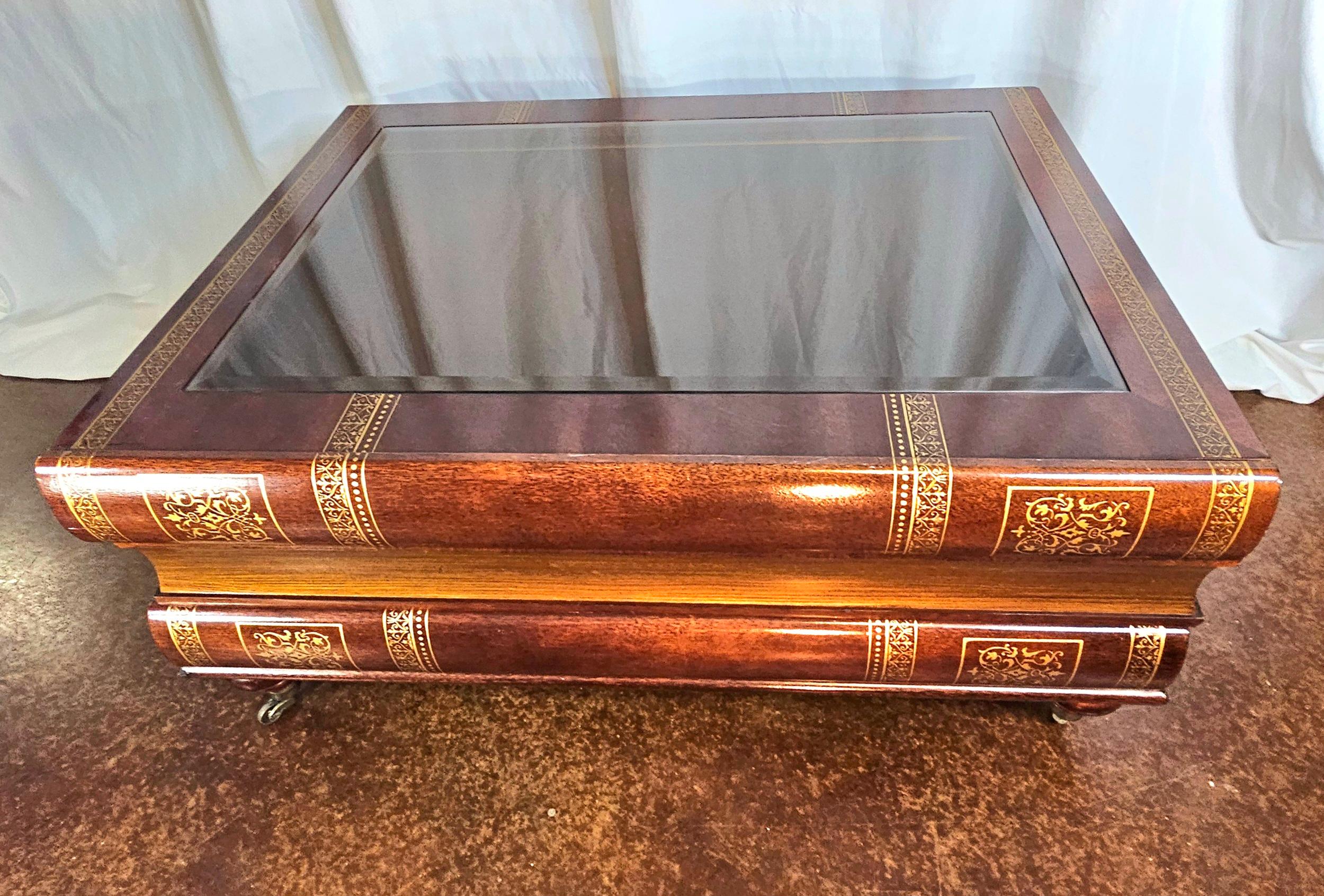 Unknown Stacked books coffee table with 3 drawers and display window  For Sale