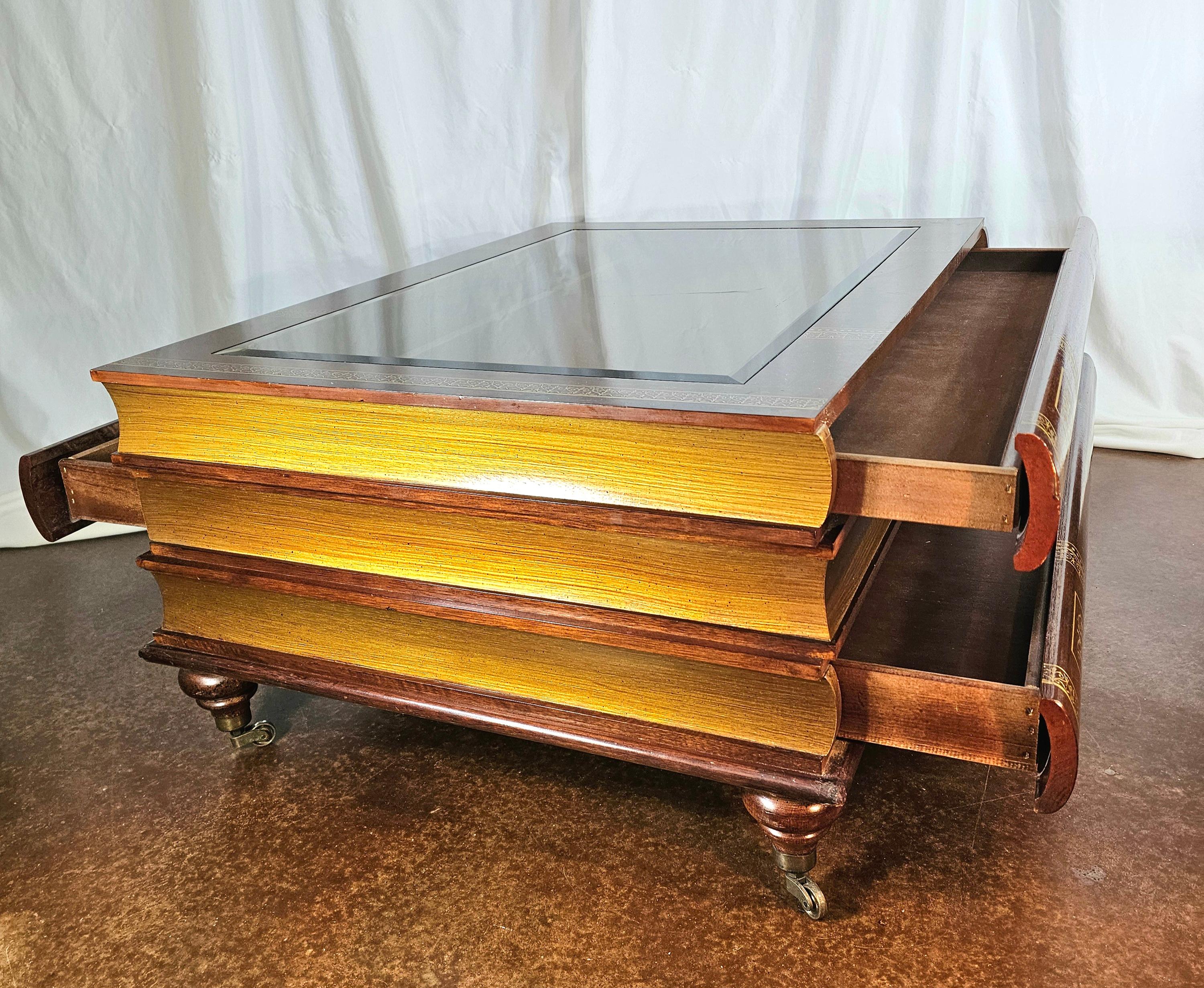 Late 20th Century Stacked books coffee table with 3 drawers and display window  For Sale