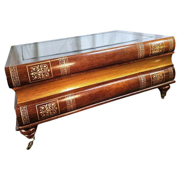 Stacked books coffee table with 3 drawers and display window For Sale ...