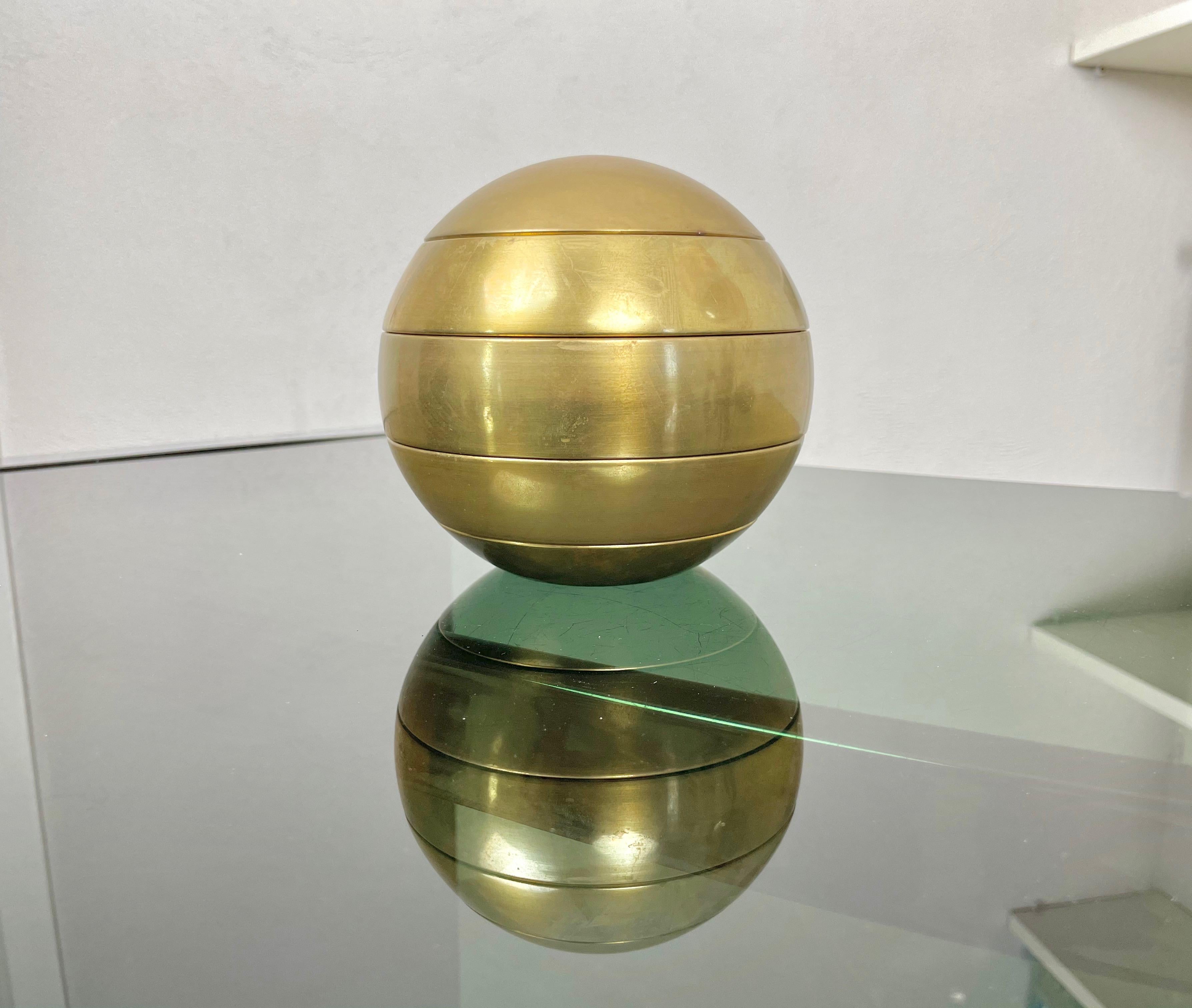 Metal Stacked Brass Globe Ashtray Bowl Attributed to Tommaso Barbi, Italy, 1970s