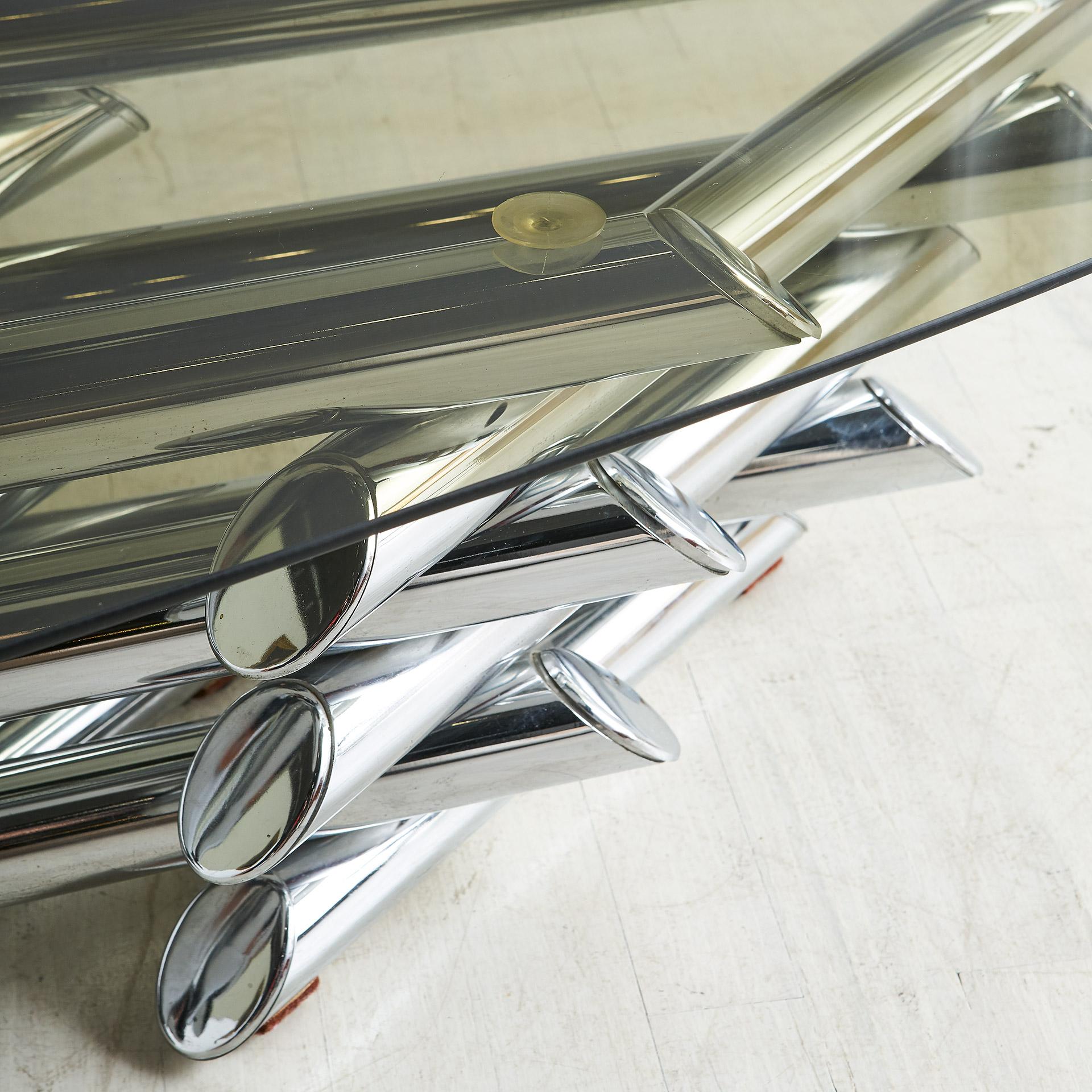 Stacked Chrome Coffee Table with Oval Smoked Glass Top In Good Condition In Chicago, IL