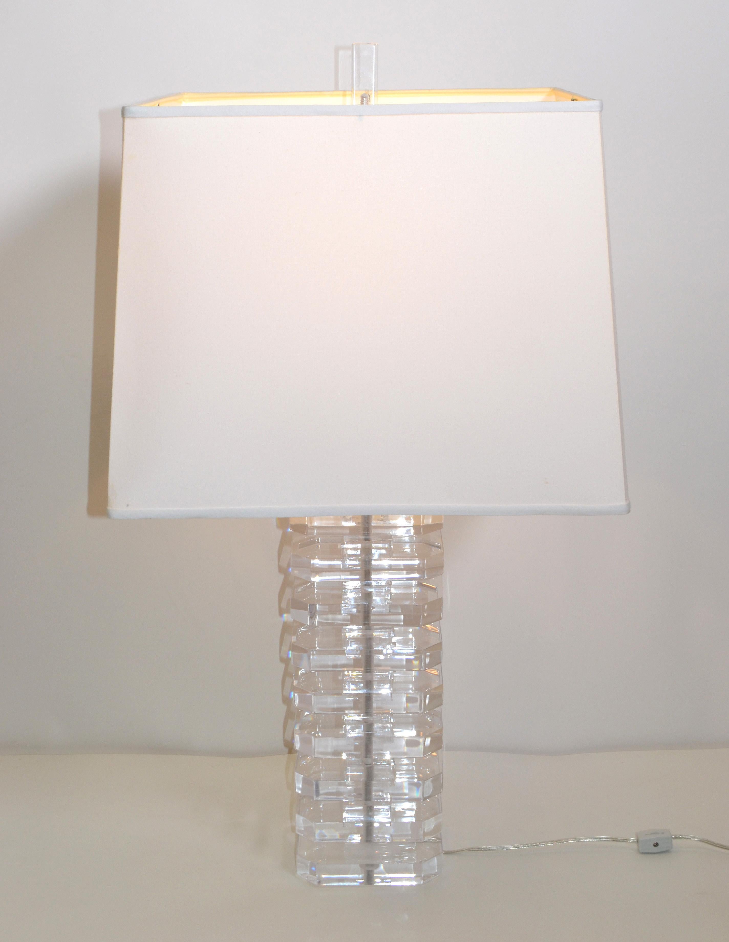 Late 20th Century Stacked Clear Lucite Table Lamps & Off White Shade Mid-Century Modern, Pair