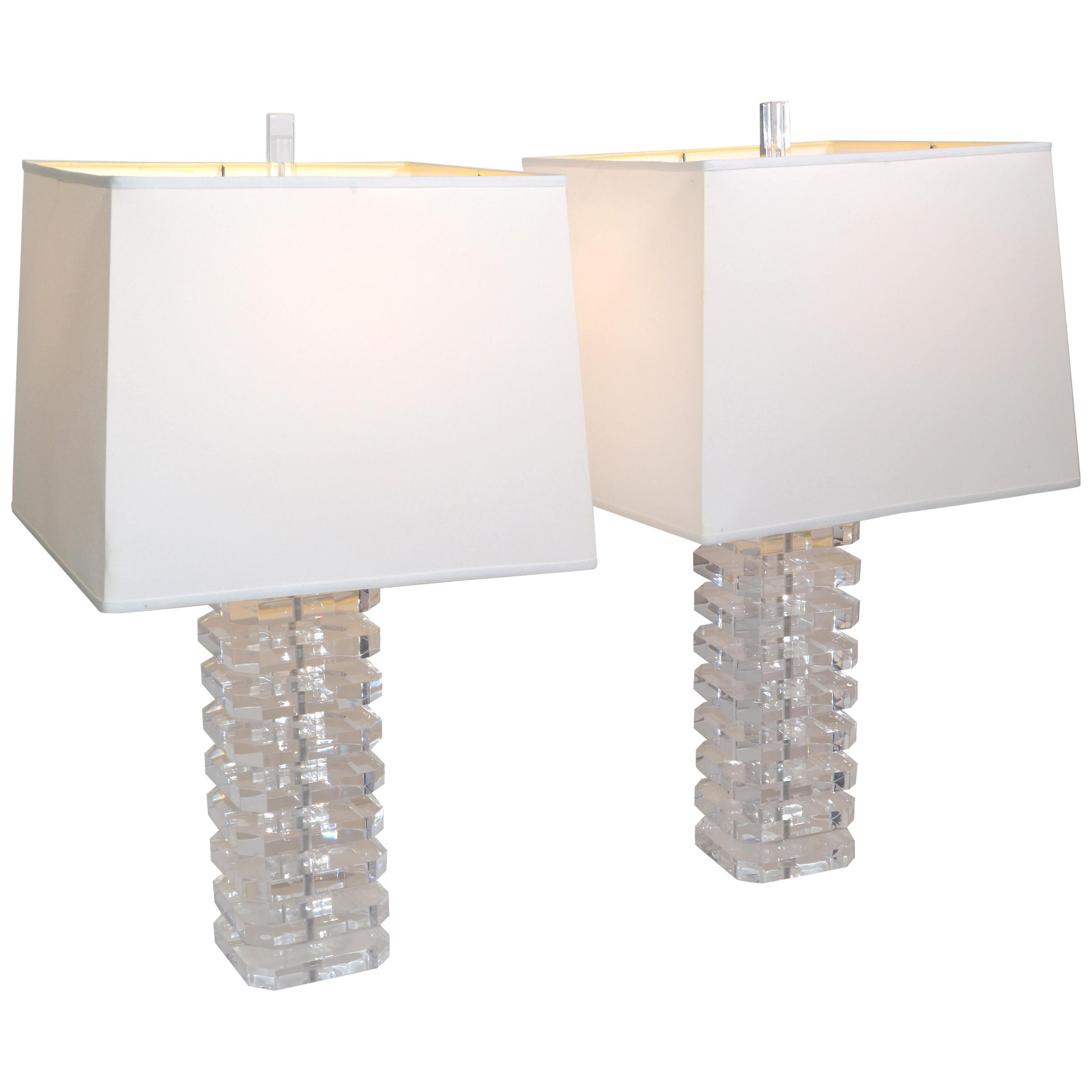 Stacked Clear Lucite Table Lamps & Off White Shade Mid-Century Modern, Pair