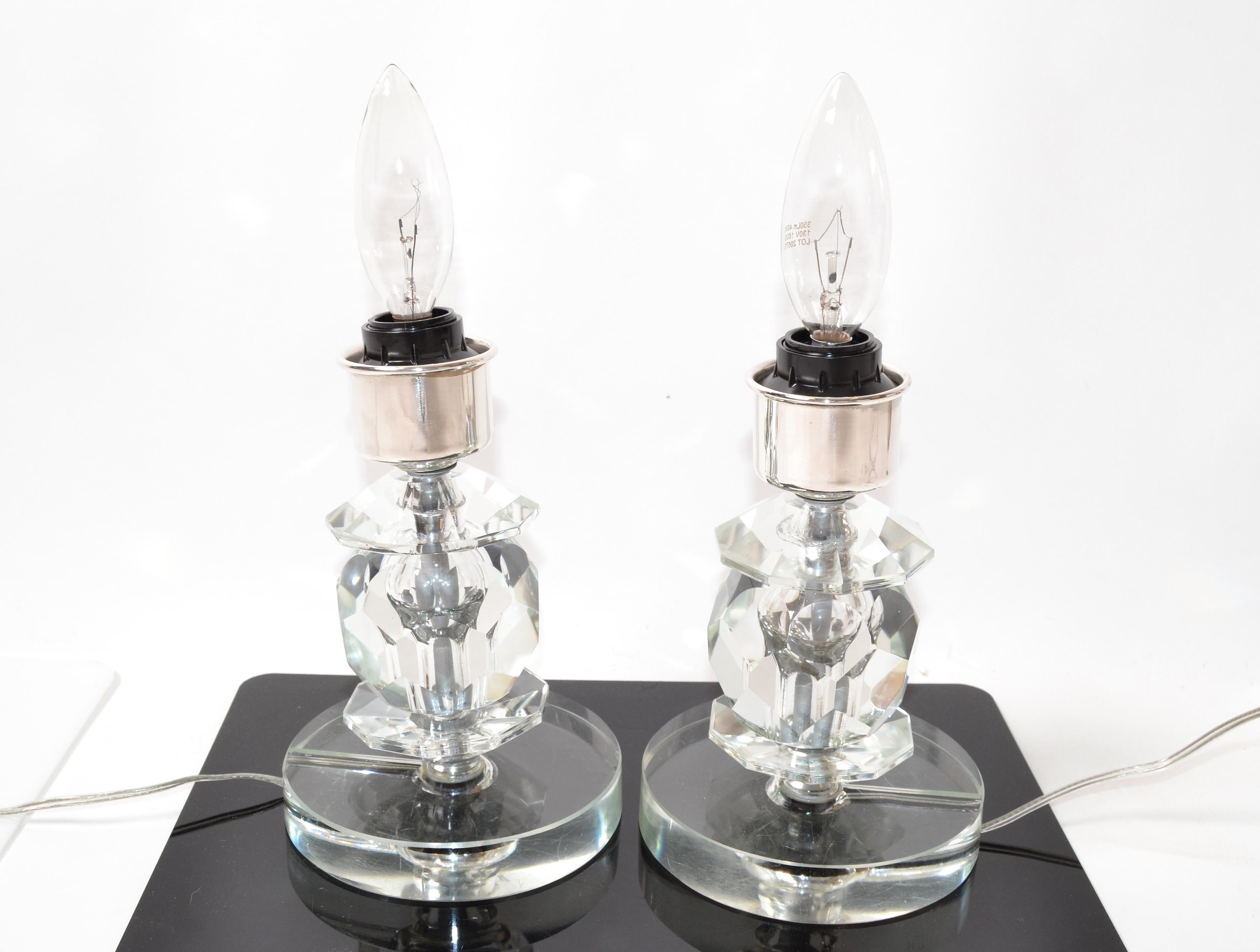 Mid-Century Modern Stacked Crystal Glass & Chrome Table Lamps, a Pair For Sale