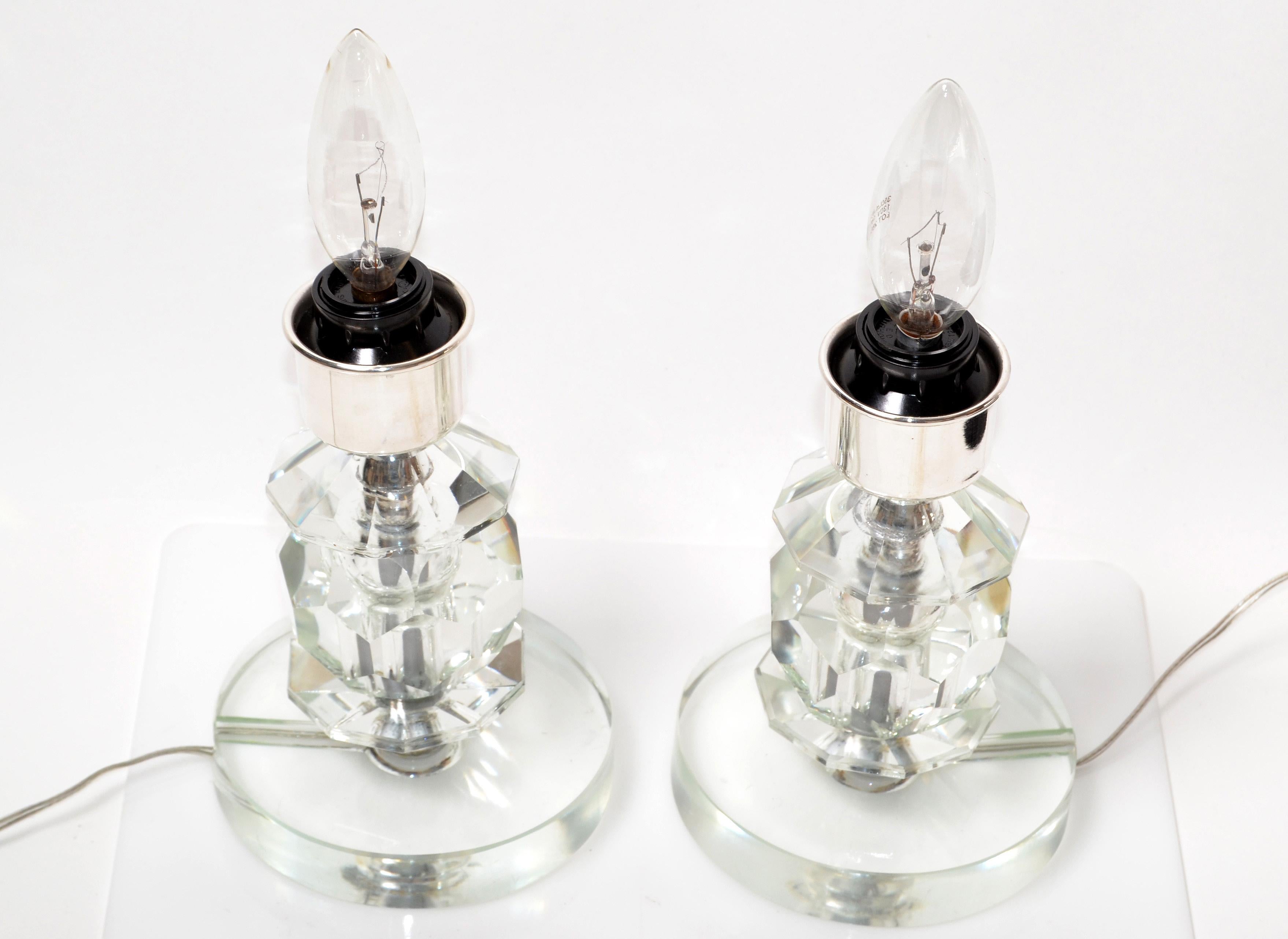 Hand-Crafted Stacked Crystal Glass & Chrome Table Lamps, a Pair For Sale
