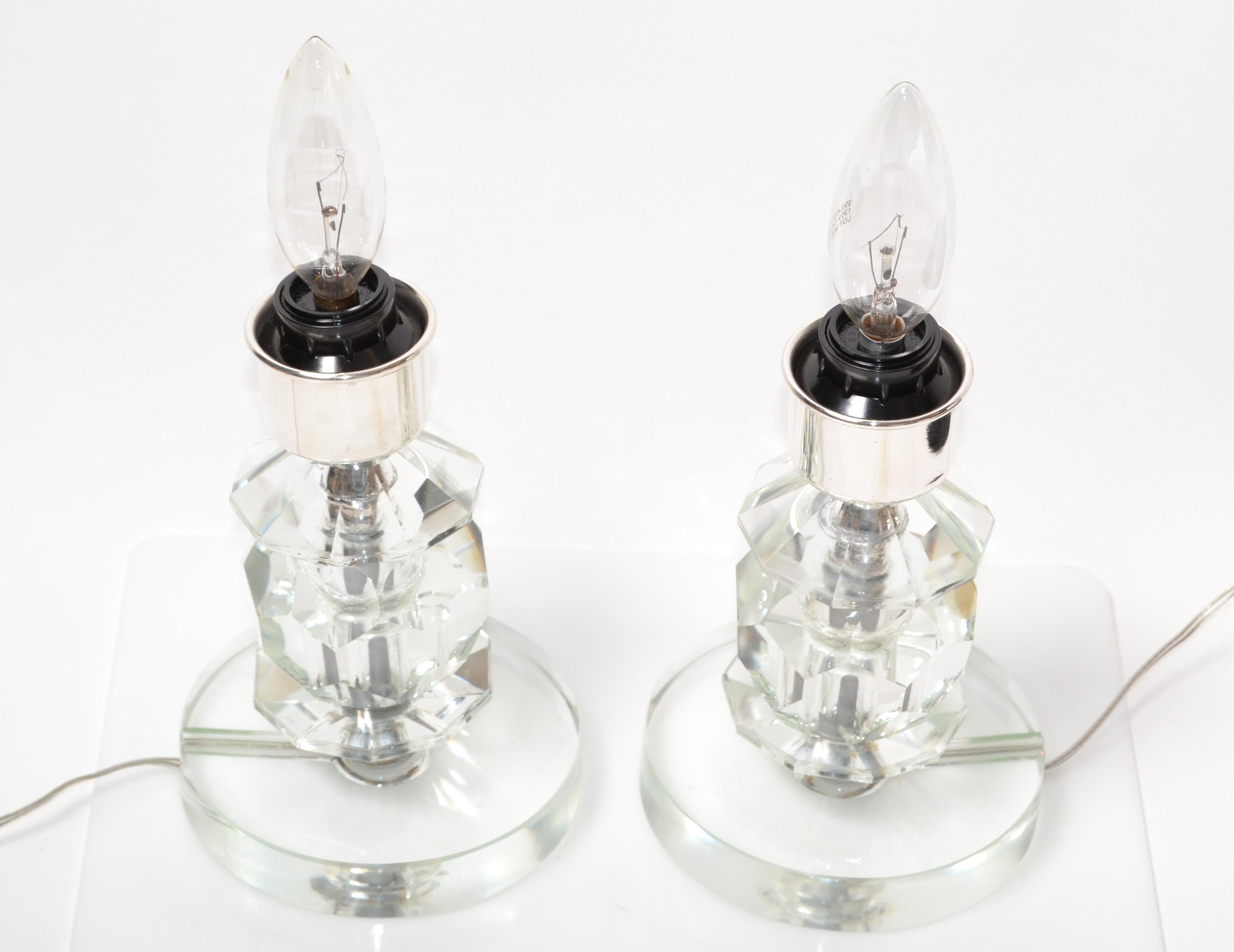 20th Century Stacked Crystal Glass & Chrome Table Lamps, a Pair For Sale
