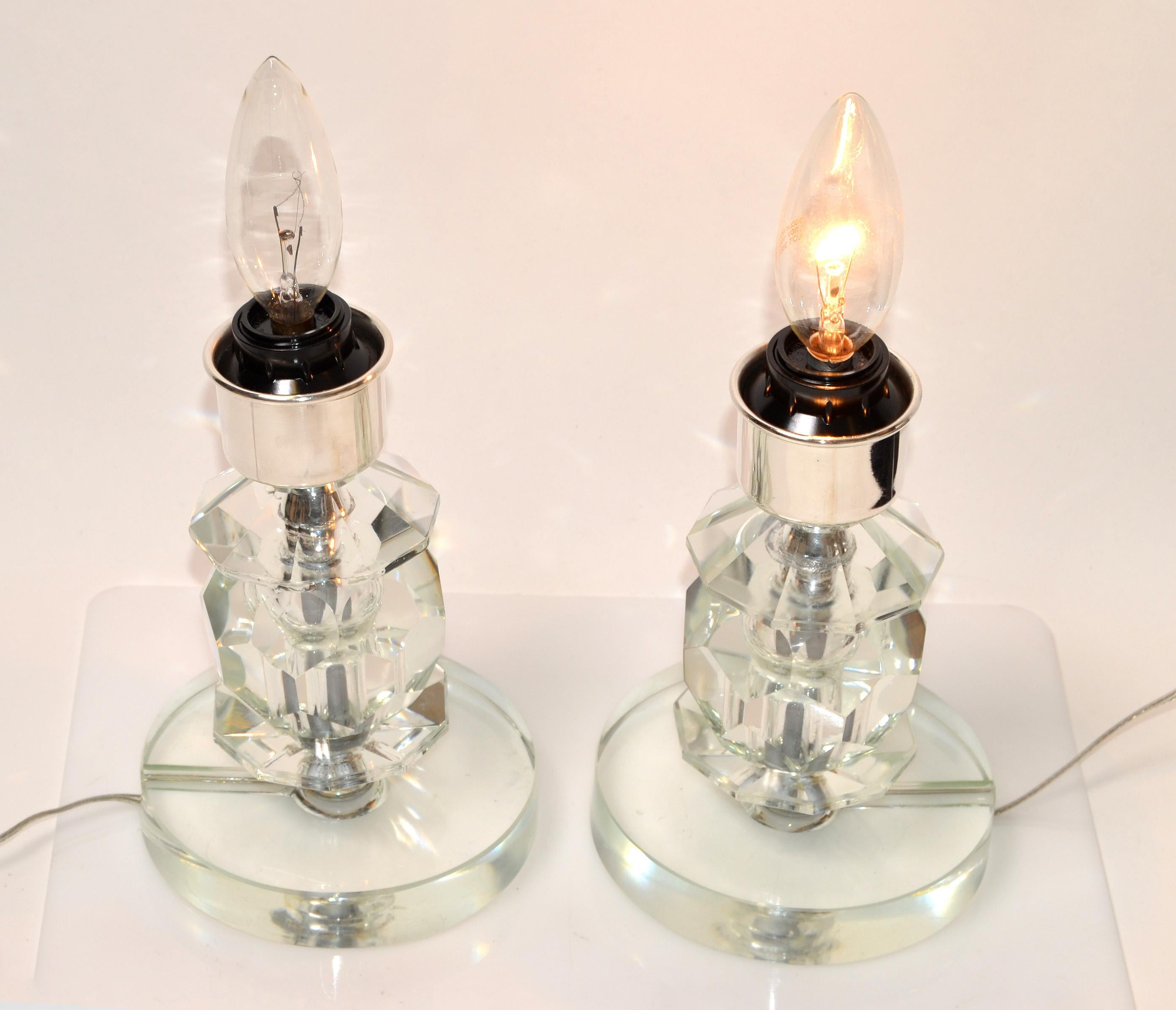 Stacked Crystal Glass & Chrome Table Lamps, a Pair For Sale 1
