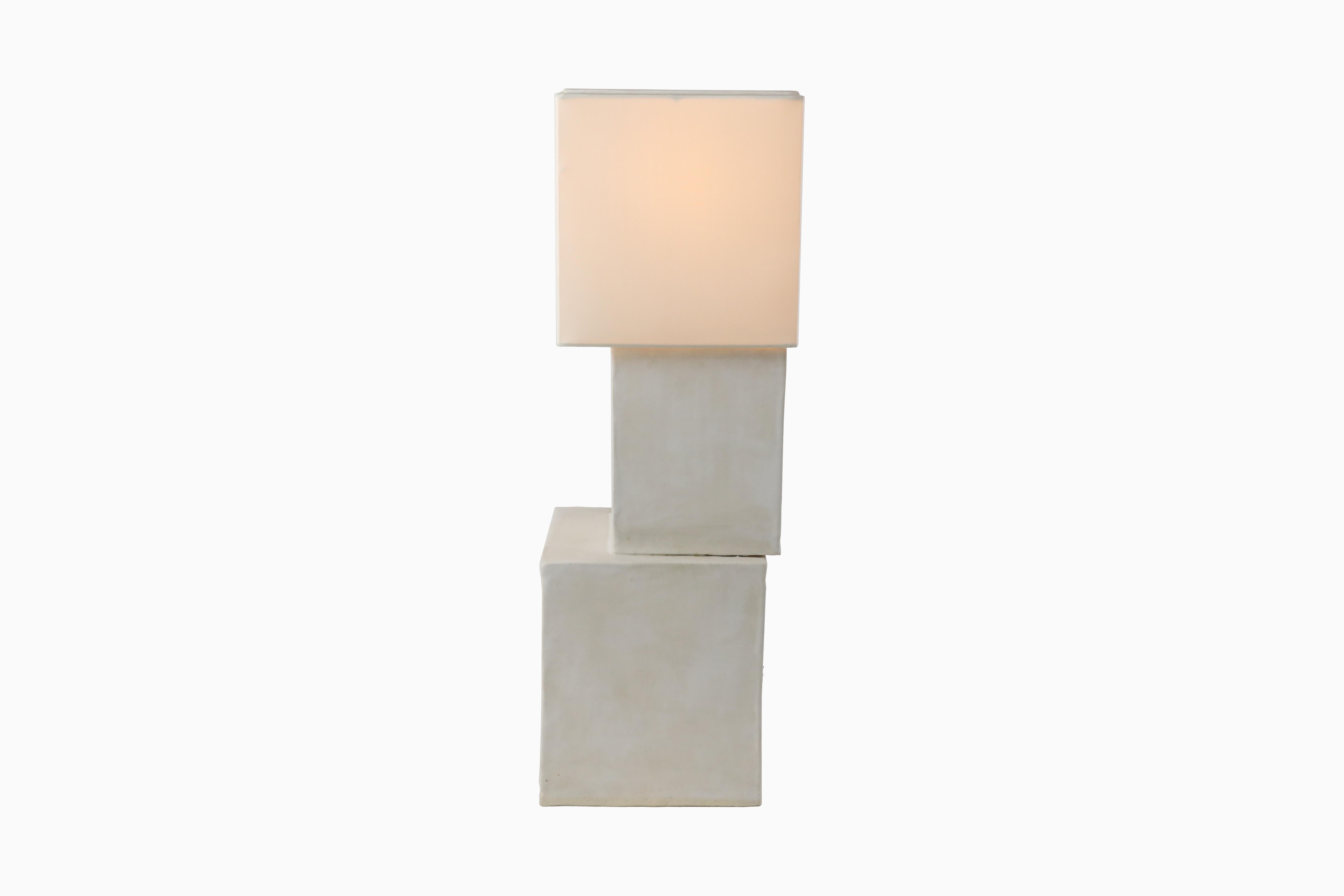 American Stacked Cube Lamp in Ceramic with Silk Shade by Christopher Kreiling For Sale