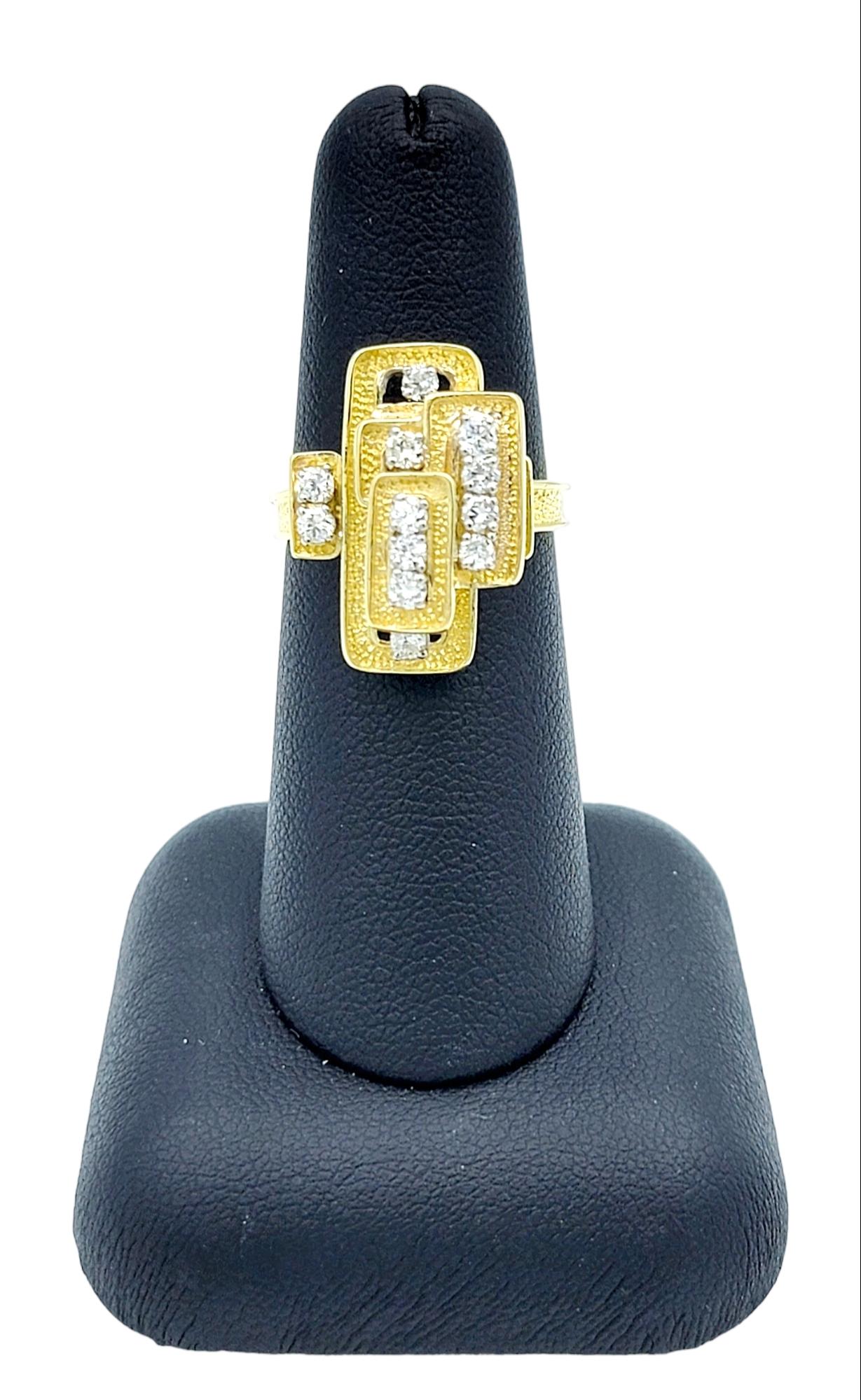 Stacked Geometric Cocktail Ring with Diamonds in Textured 18 Karat Yellow Gold For Sale 4