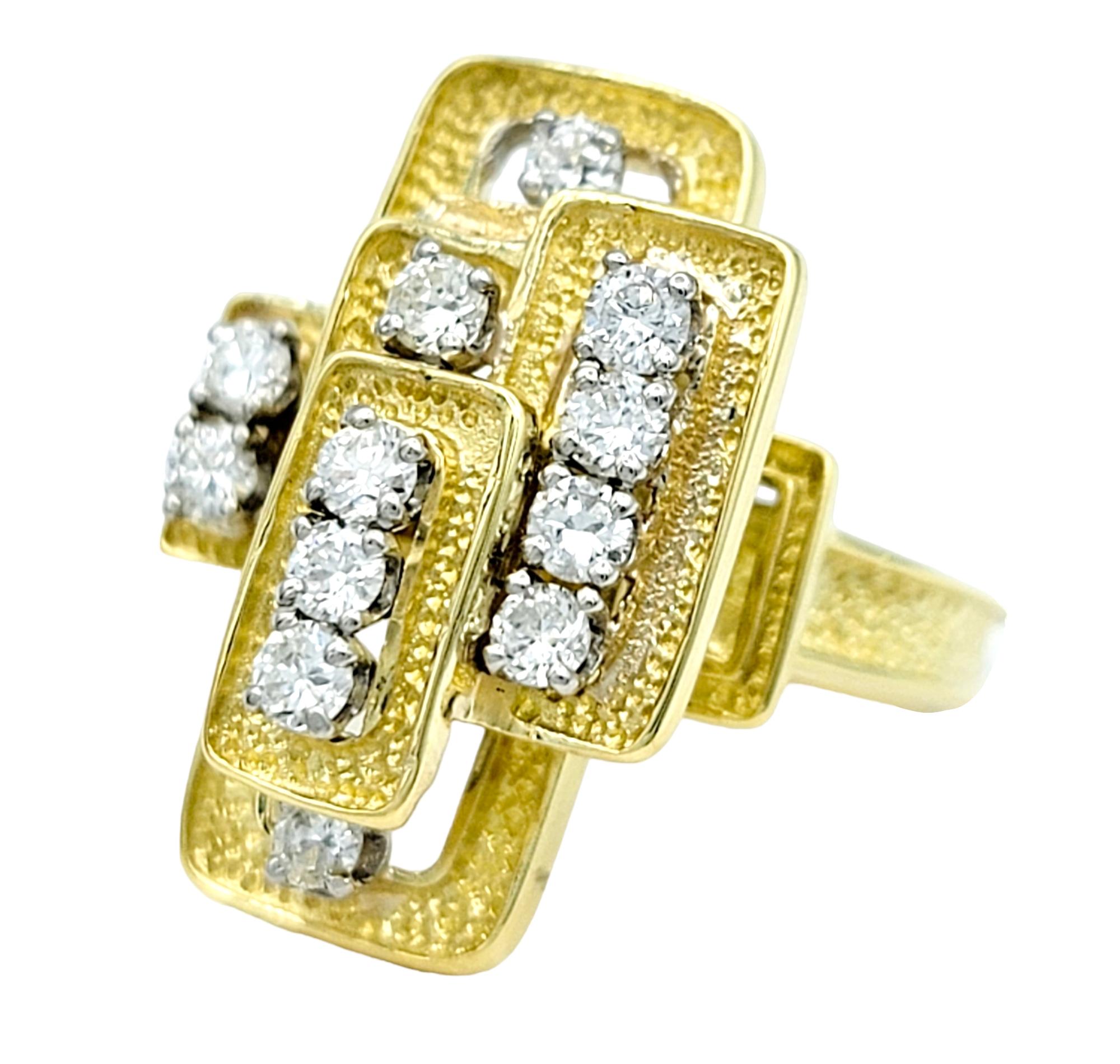 Ring size: 6.5

Elevate your style with our exquisite stacked diamond and gold cocktail ring, a true masterpiece of elegance and modernity. This stunning piece features an assortment of tiered rectangular-shaped tiles, each meticulously crafted with
