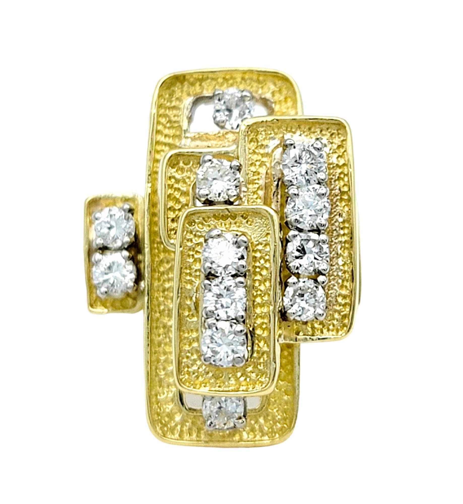 Contemporary Stacked Geometric Cocktail Ring with Diamonds in Textured 18 Karat Yellow Gold For Sale