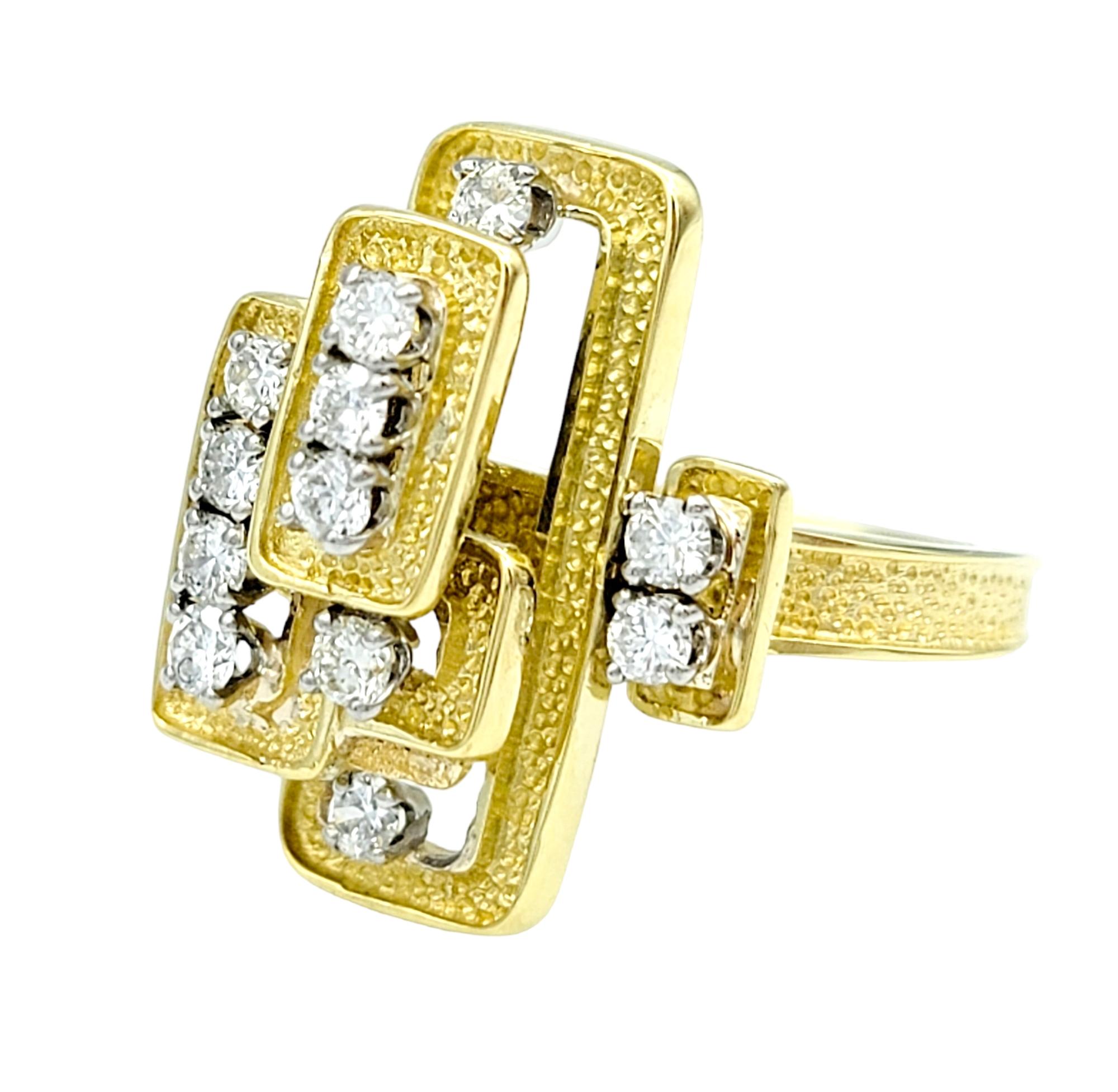 Round Cut Stacked Geometric Cocktail Ring with Diamonds in Textured 18 Karat Yellow Gold For Sale