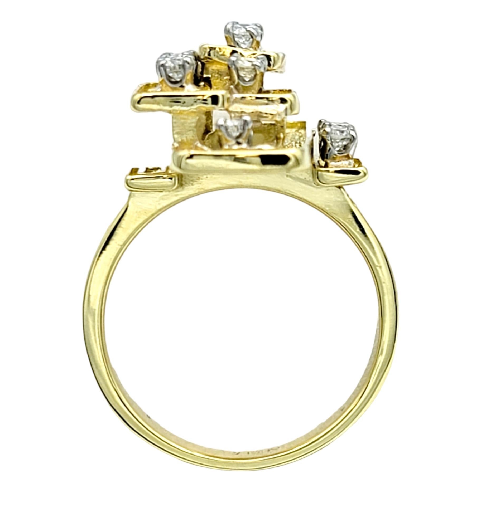 Stacked Geometric Cocktail Ring with Diamonds in Textured 18 Karat Yellow Gold For Sale 1