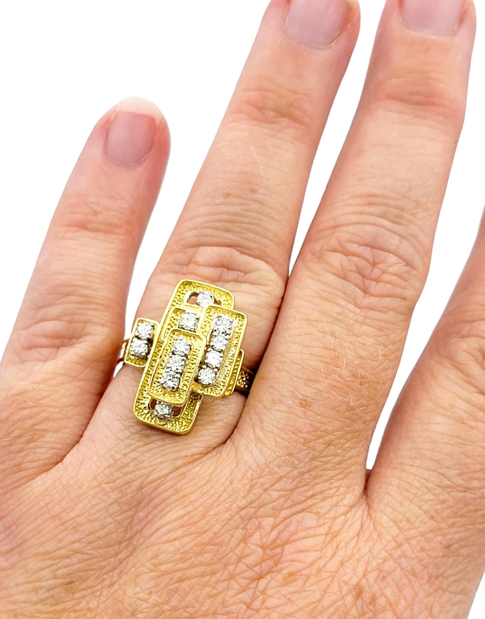 Stacked Geometric Cocktail Ring with Diamonds in Textured 18 Karat Yellow Gold For Sale 3