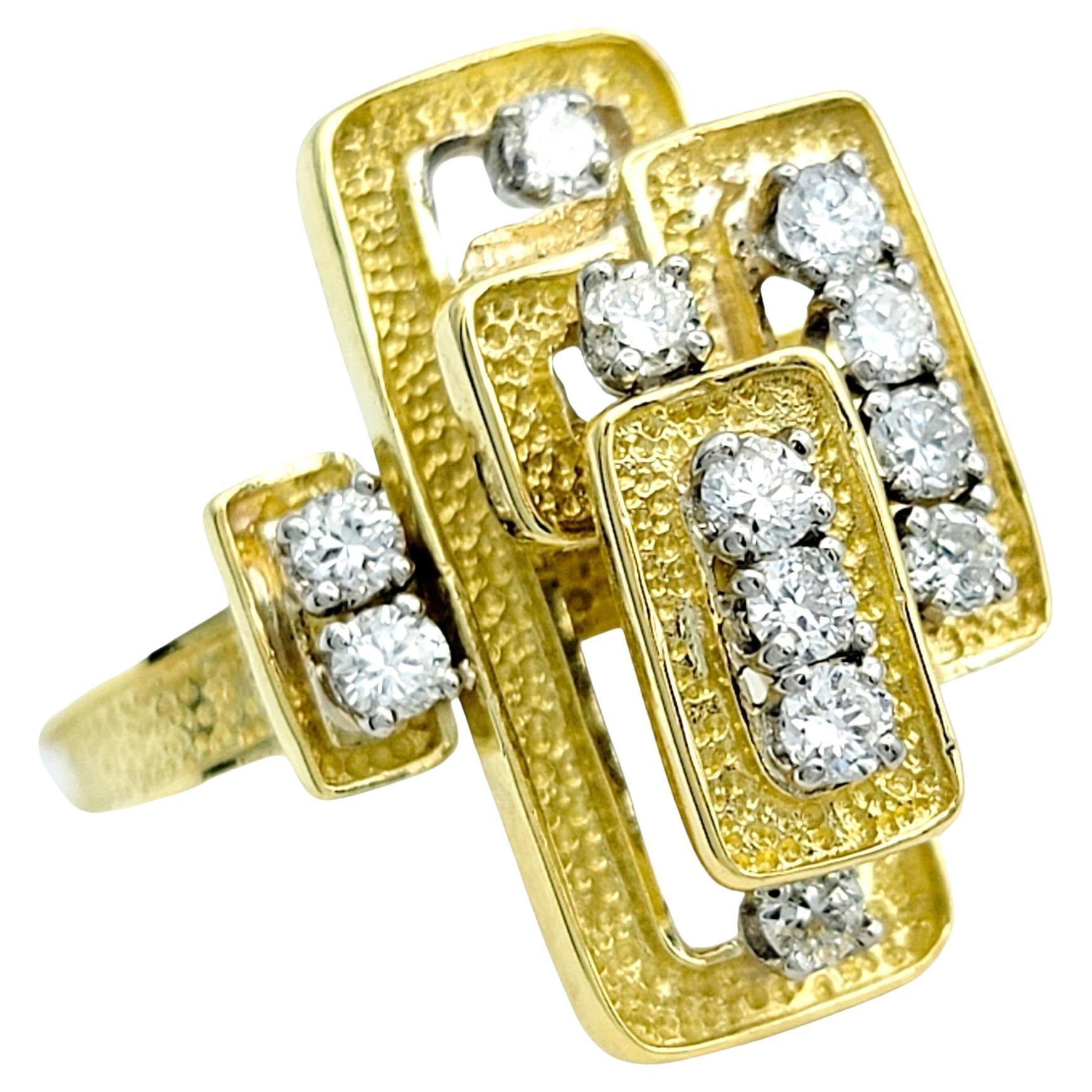 Stacked Geometric Cocktail Ring with Diamonds in Textured 18 Karat Yellow Gold For Sale
