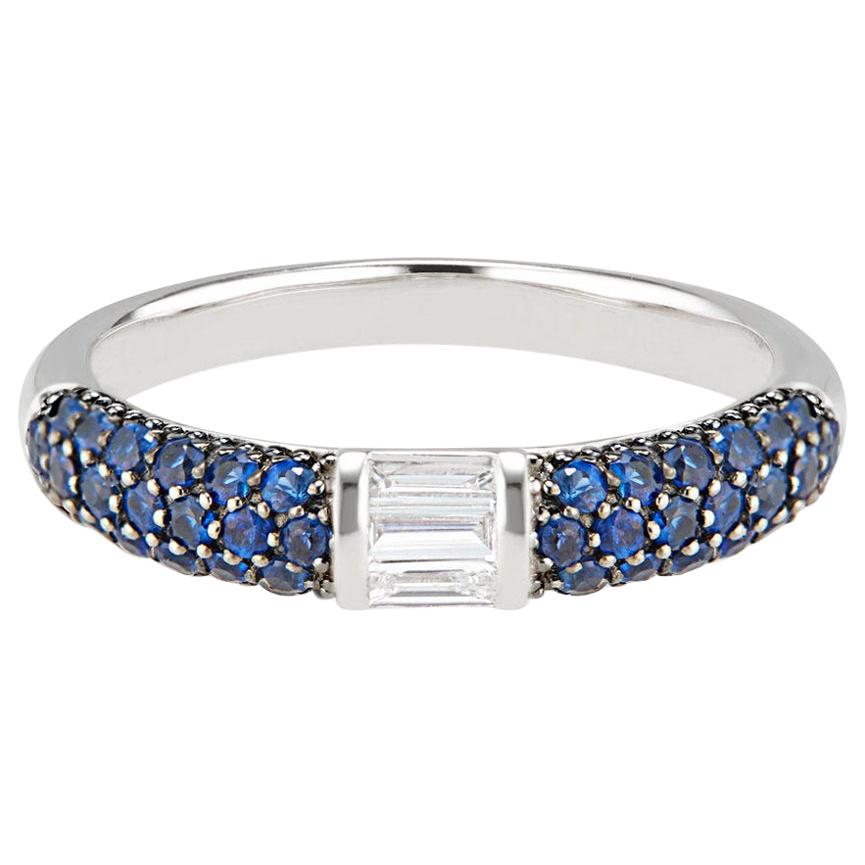 Stacked Half Eternity Band Ring with Blue Sapphires and Baguette Diamonds