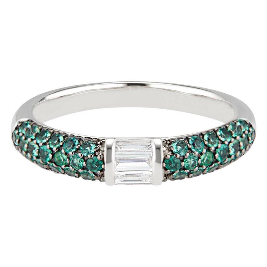 For Sale:  Stacked Half Eternity Band Ring with Pave Set Emeralds and Baguette Diamonds