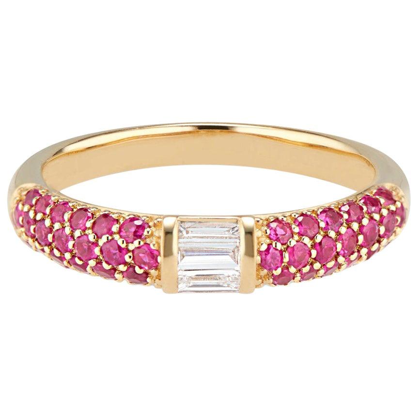 Stacked Half Eternity Band Ring with Pave Set Ruby and Baguette Diamonds