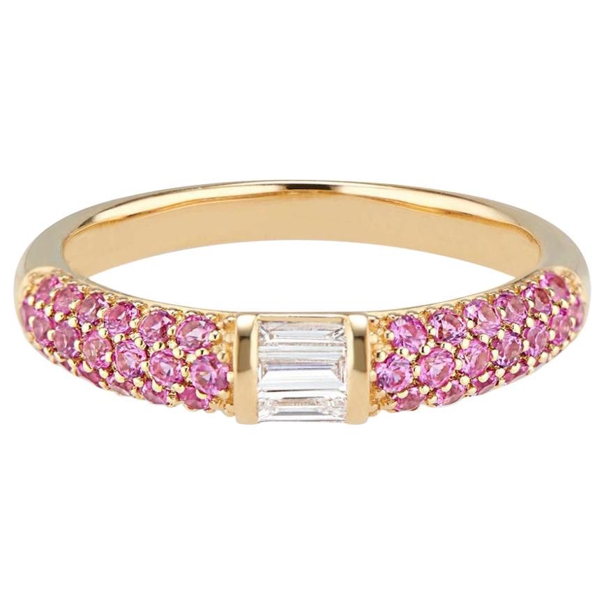 Stacked Half Eternity Band Ring with Pink Sapphires and Baguette Diamonds