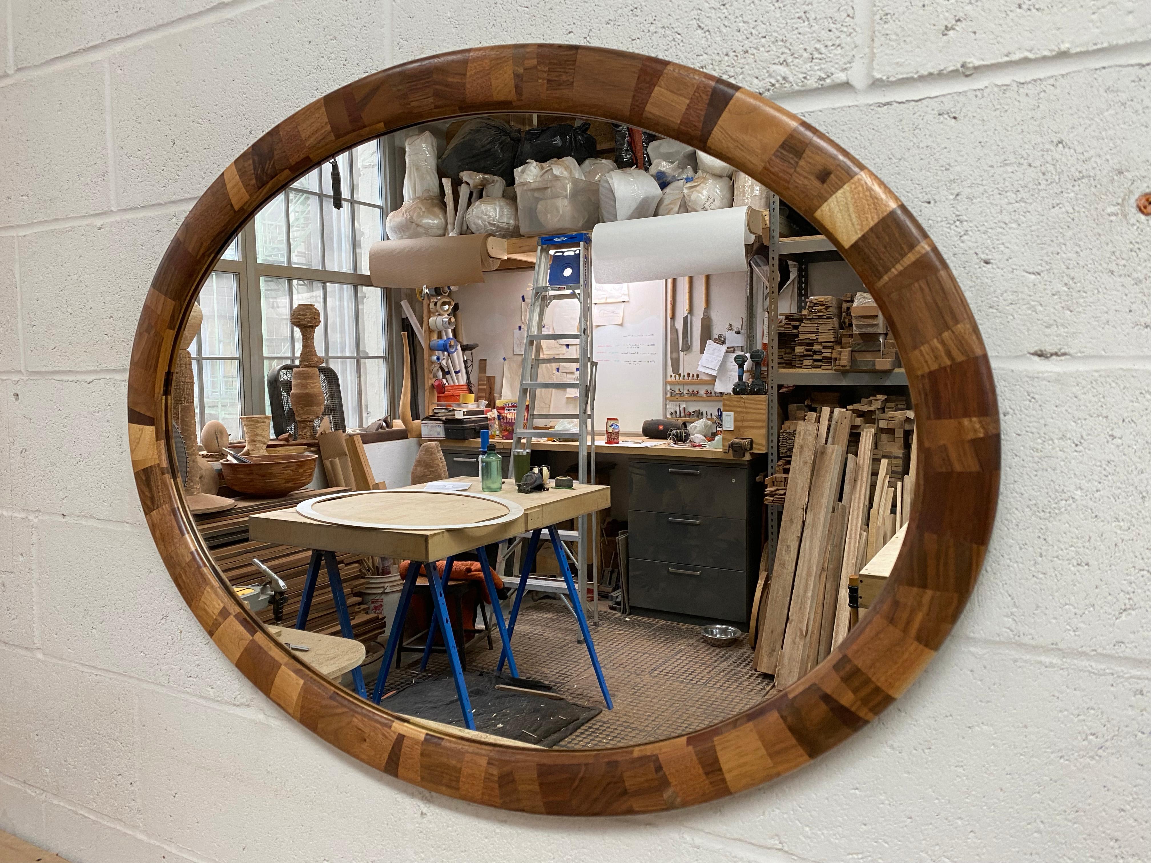 Modern Customizable STACKED Horizontal Oval Wooden Mirror, example shown in Walnut For Sale