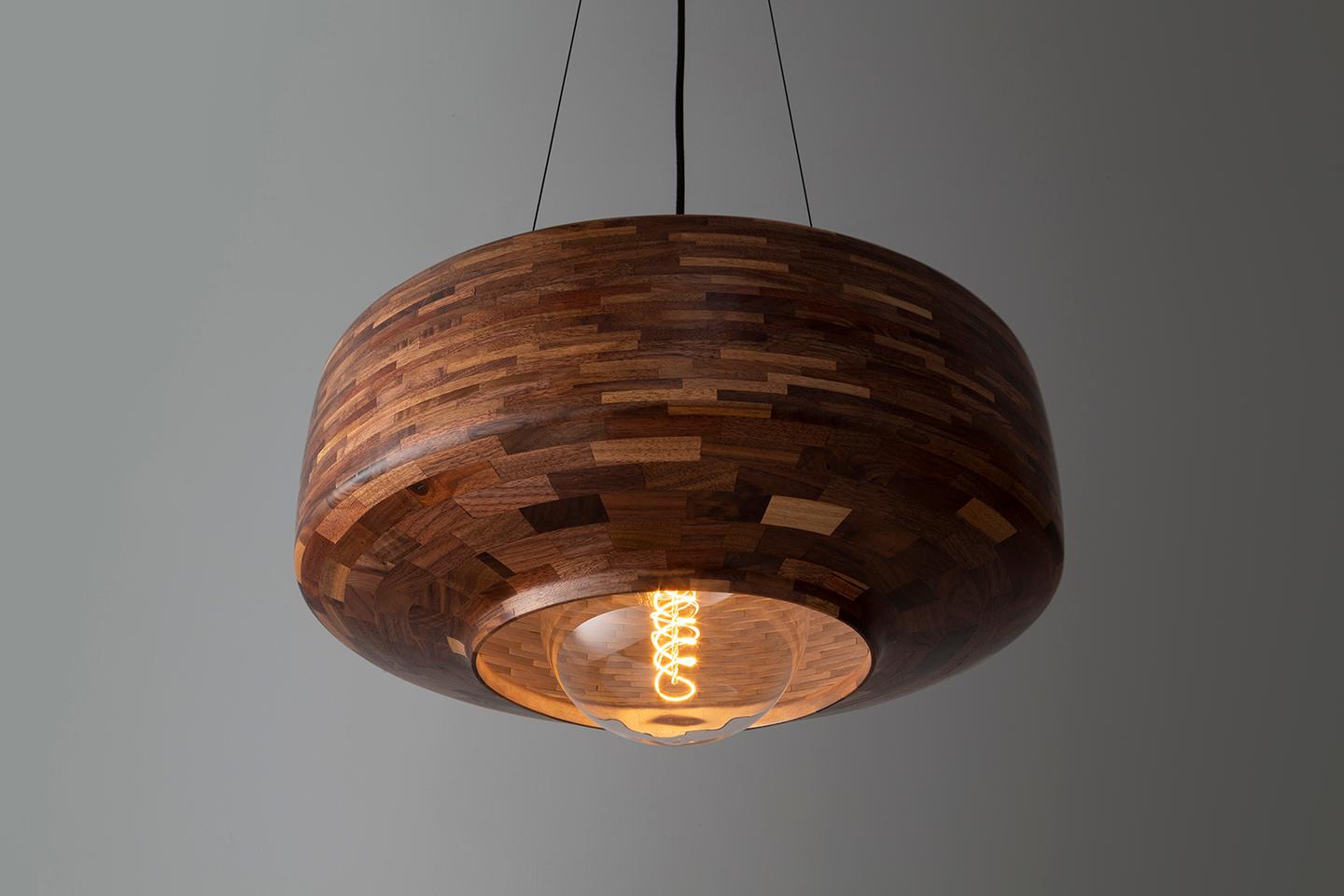 Modern STACKED Illuminated Saucer Sculpture, Customizable, Shown in Walnut For Sale