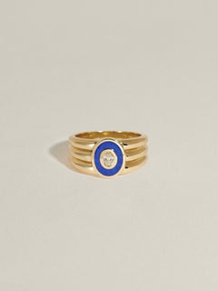 Stacked Inlay Signet Ring in 14K Yellow Gold, Lapis & Diamond by J. Hannah