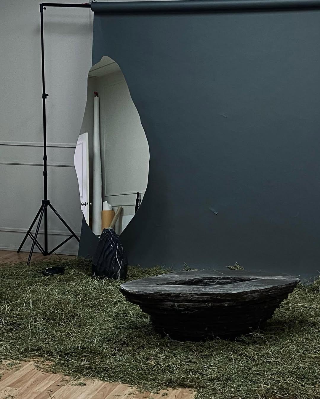 Stacked Layers Black Marble Table with Center Circular Opening by Andres Monnier For Sale 1
