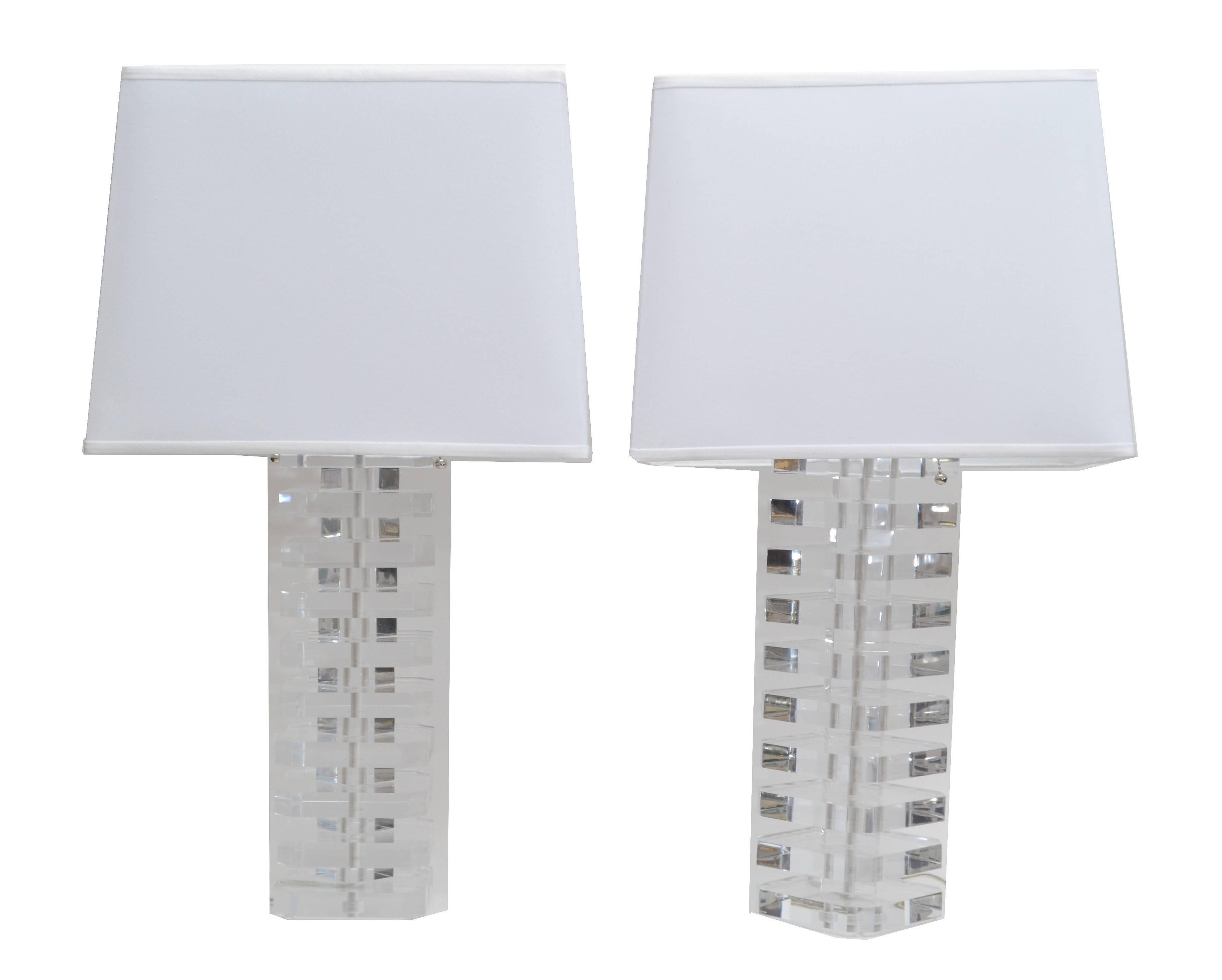 Contemporary Stacked Lucite Table Lamps with Nickel Hardware, Pair 1