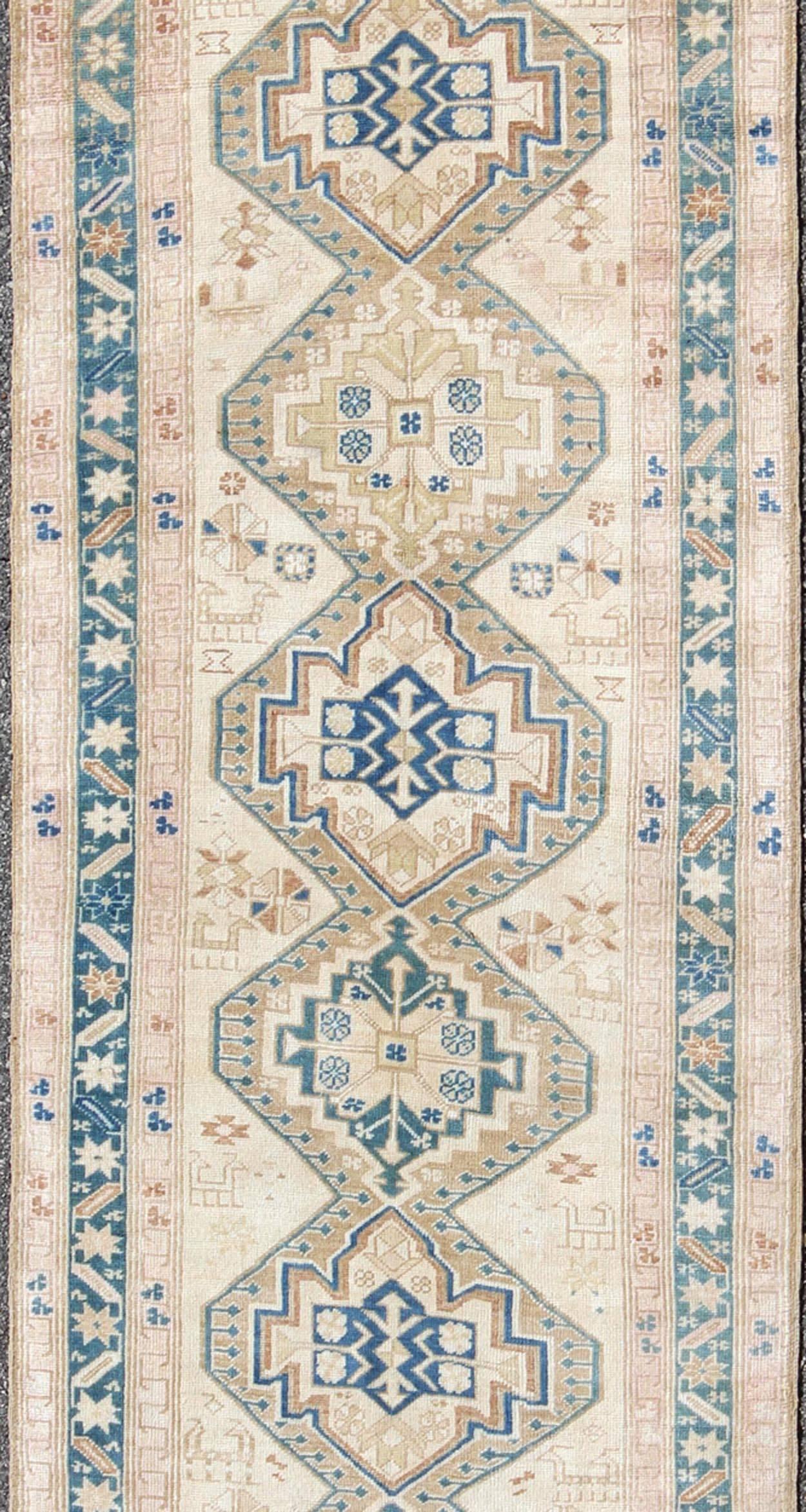 Hand-Knotted Stacked Medallion Antique Turkish Oushak Rug in Teal, Ivory, Cream and Nude For Sale