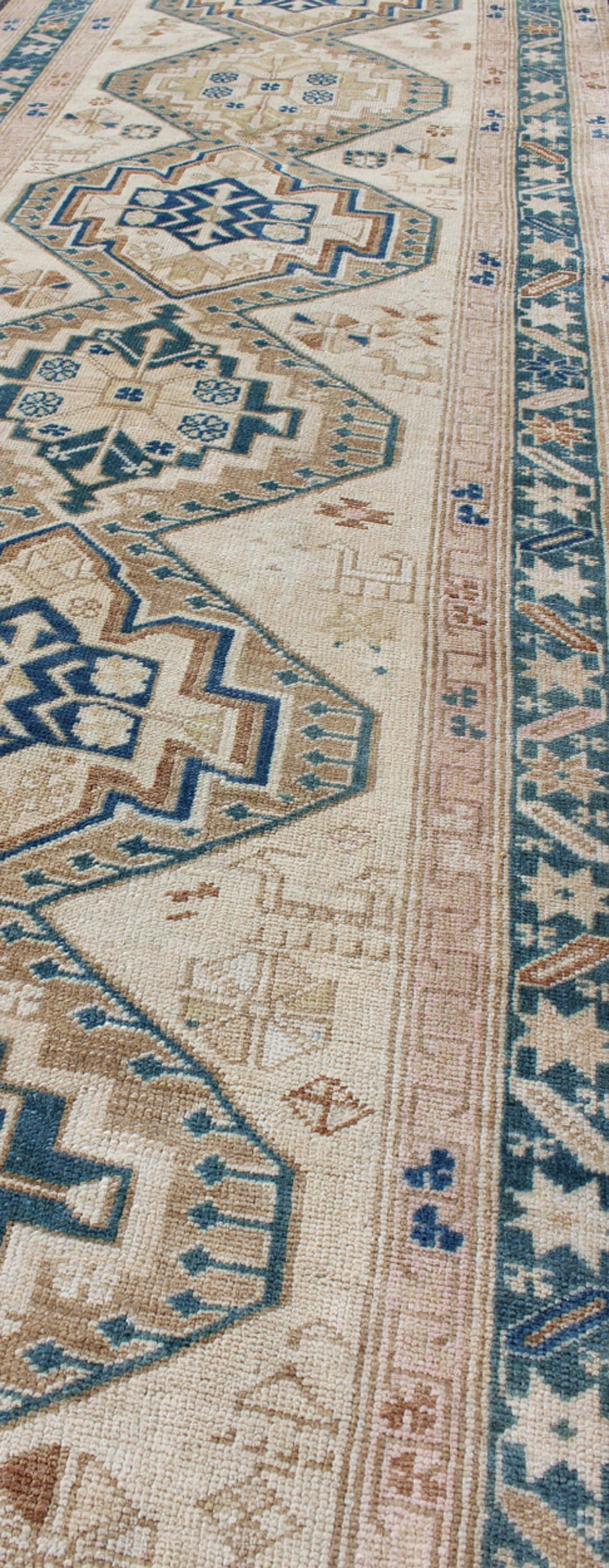 Stacked Medallion Antique Turkish Oushak Rug in Teal, Ivory, Cream and Nude In Excellent Condition For Sale In Atlanta, GA