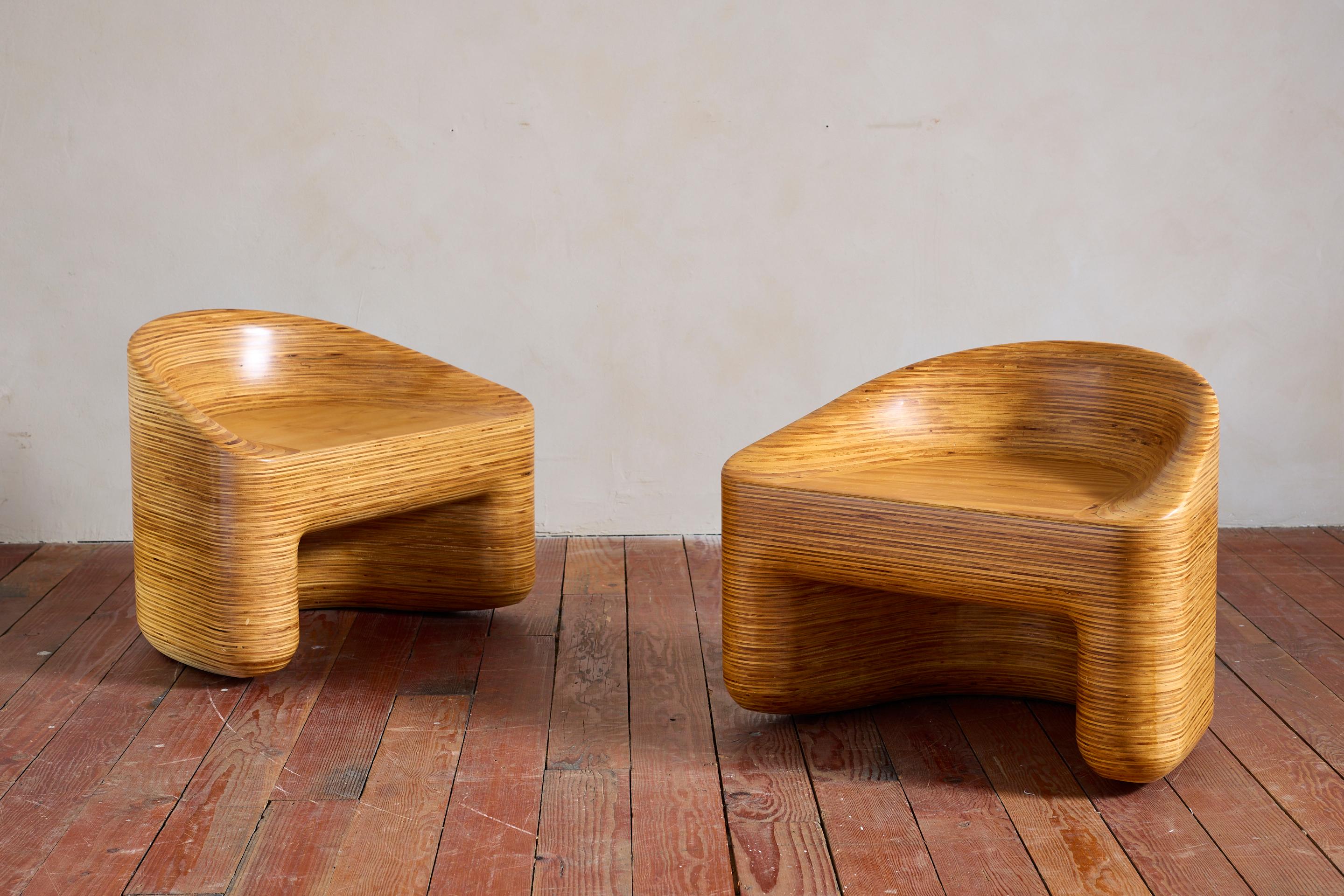 Unique pair of solid stacked plywood chairs with molded seats and wonderful patina 

2x pairs available 









