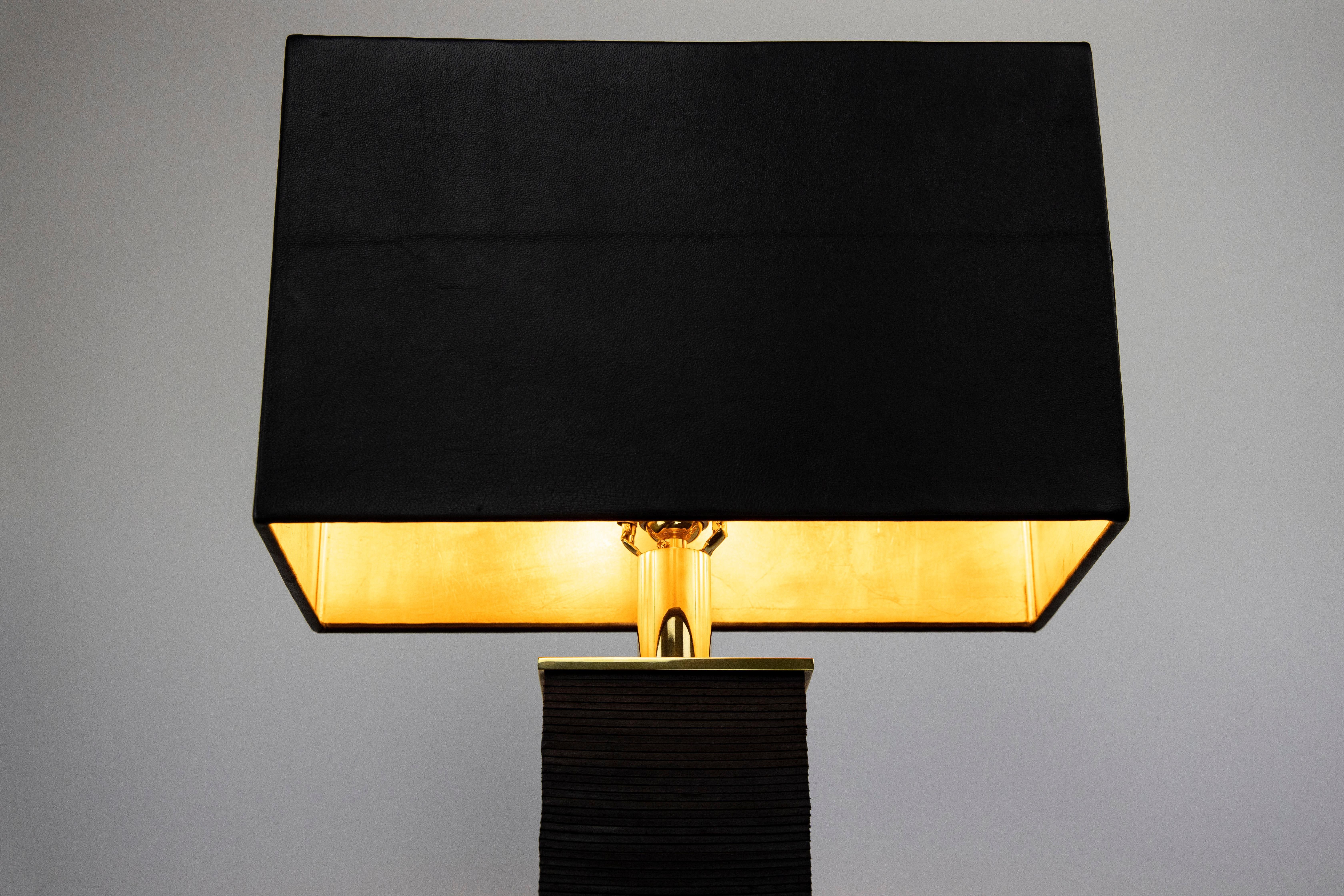 Polished Monolith Table Lamp in Leather, Brass and 24K Gold by Christopher Kreiling For Sale