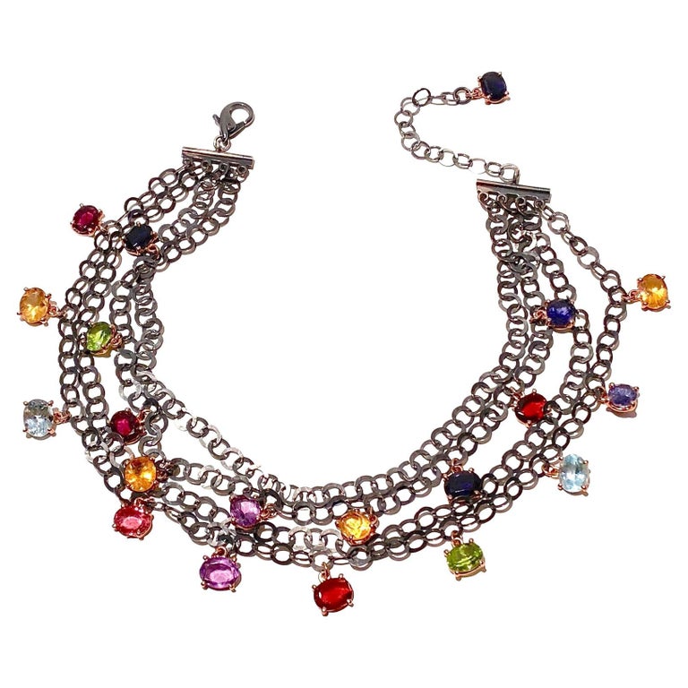 Stacked Multi Strand Necklaces Rose Gold Silver Link Colorful Chocker