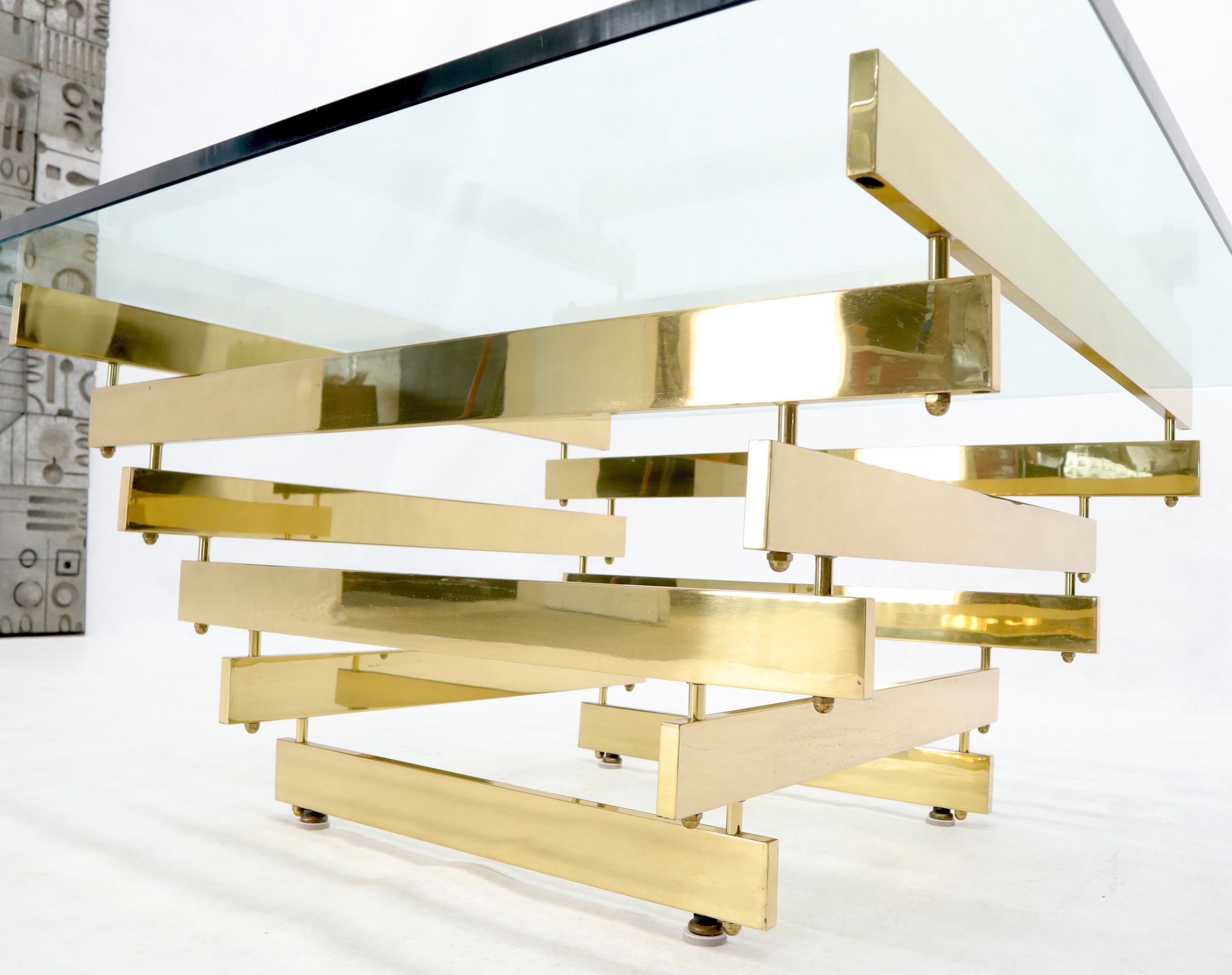 Mid-Century Modern Stacked Polished Lacquered Brass Bars Base Glass Top Square Coffee Table For Sale