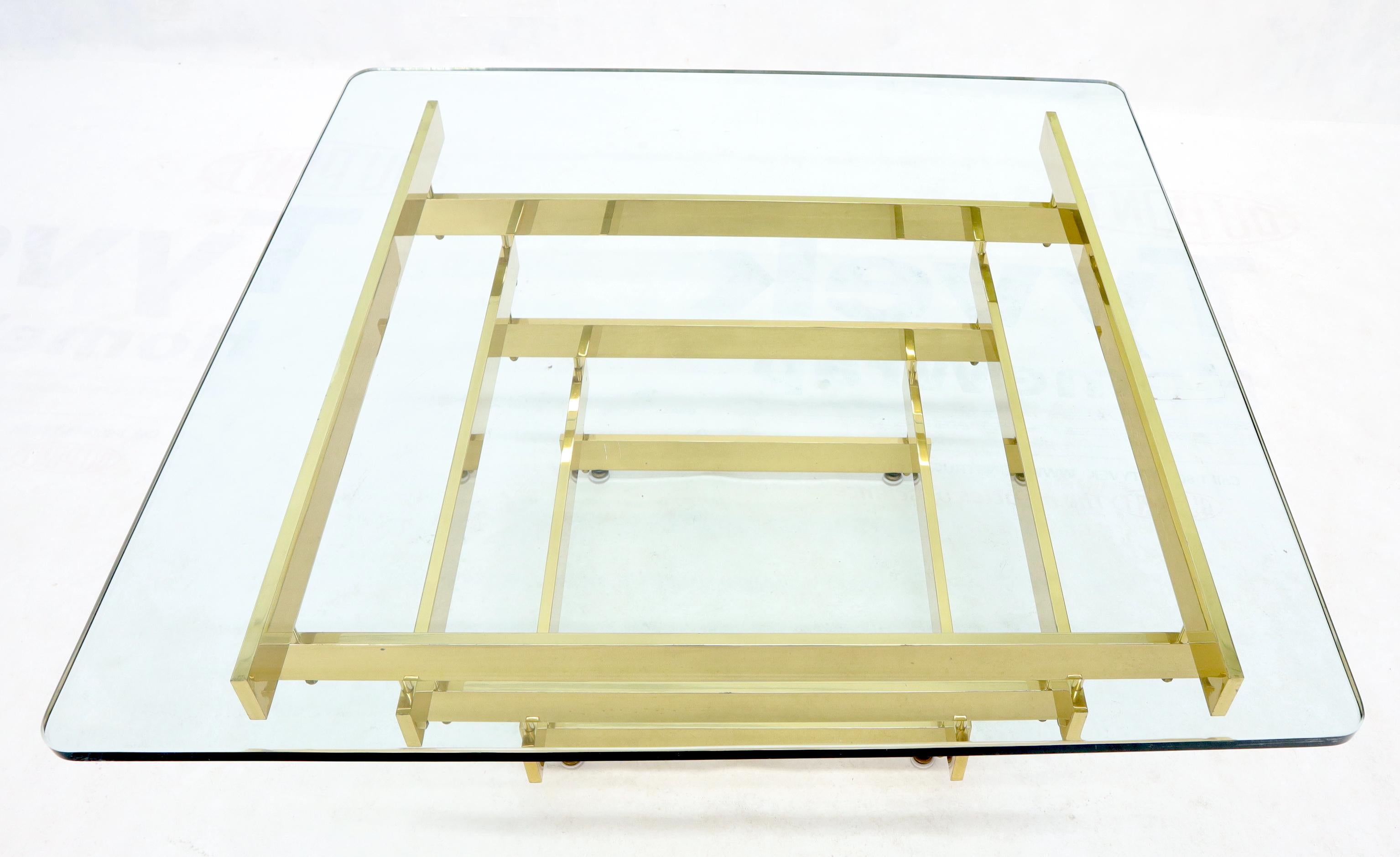 Stacked Polished Lacquered Brass Bars Base Glass Top Square Coffee Table In Good Condition For Sale In Rockaway, NJ