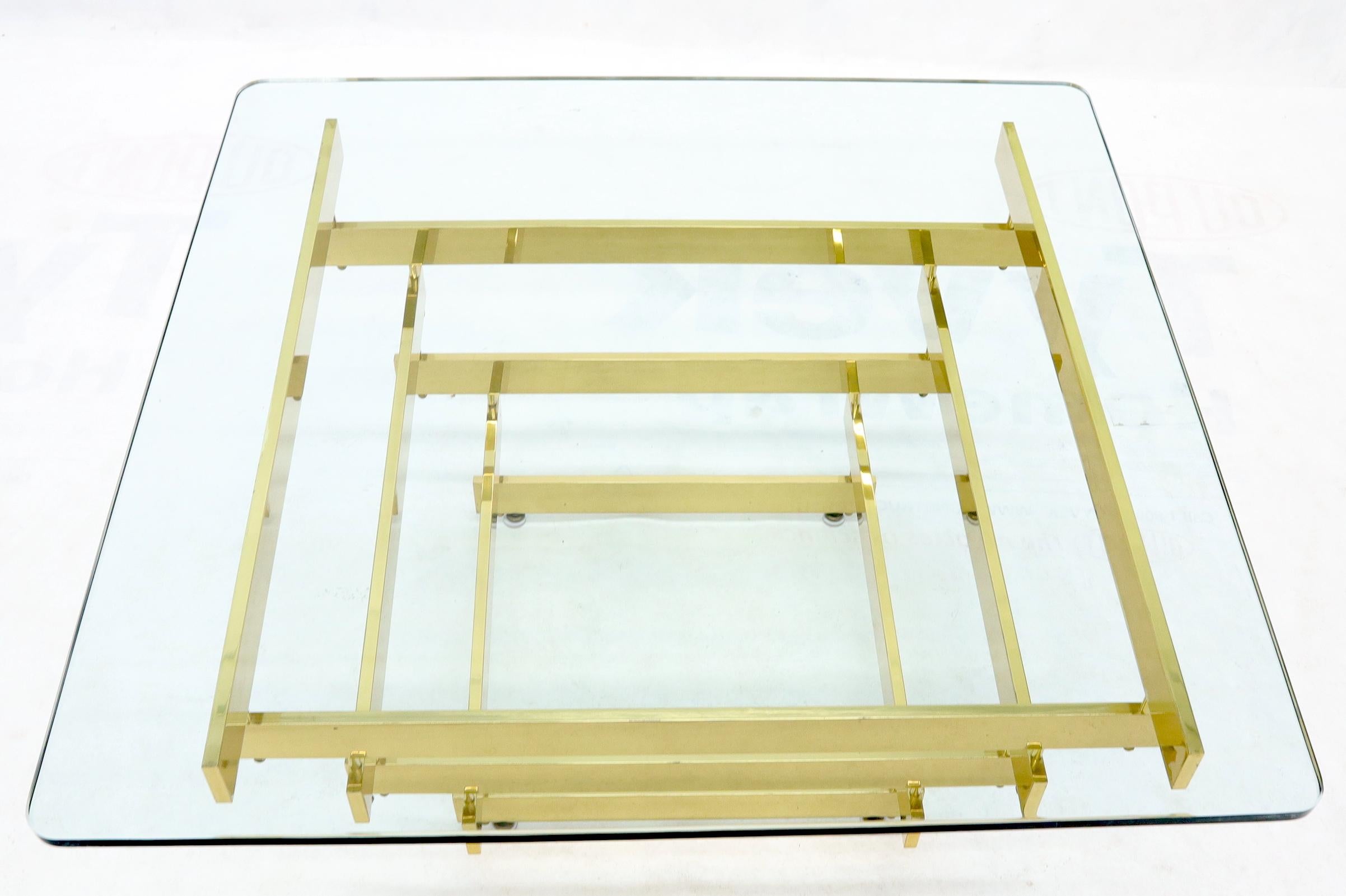 20th Century Stacked Polished Lacquered Brass Bars Base Glass Top Square Coffee Table For Sale