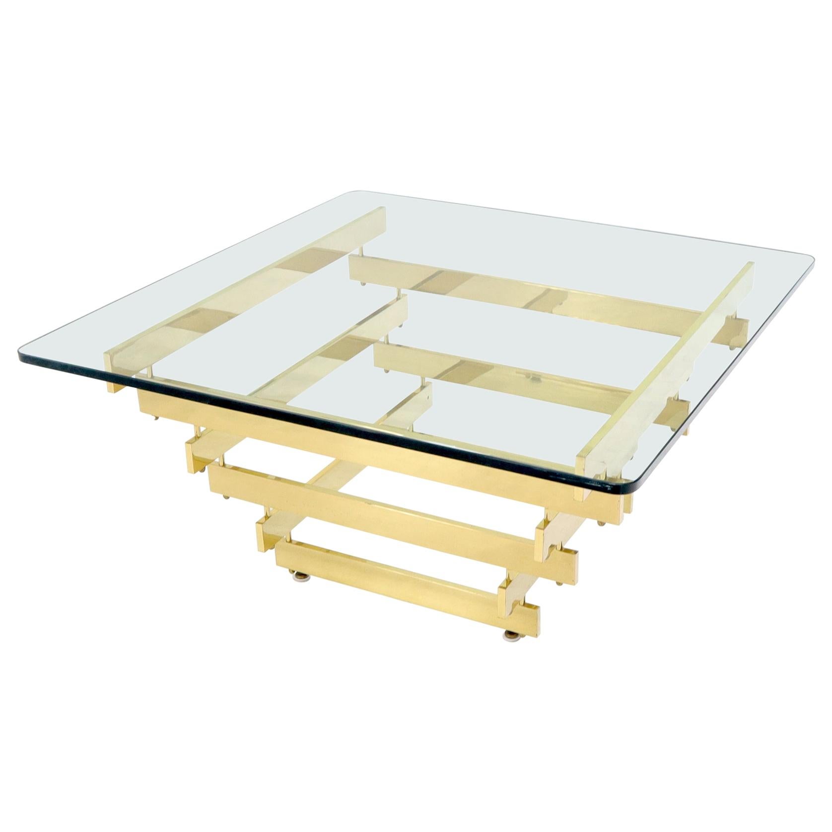 Stacked Polished Lacquered Brass Bars Base Glass Top Square Coffee Table