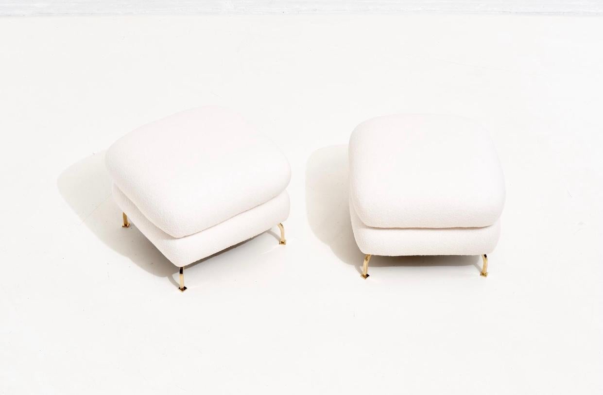 Stacked pouf stools with brass legs, 1970. Restored and reupholstered in white boucle.
