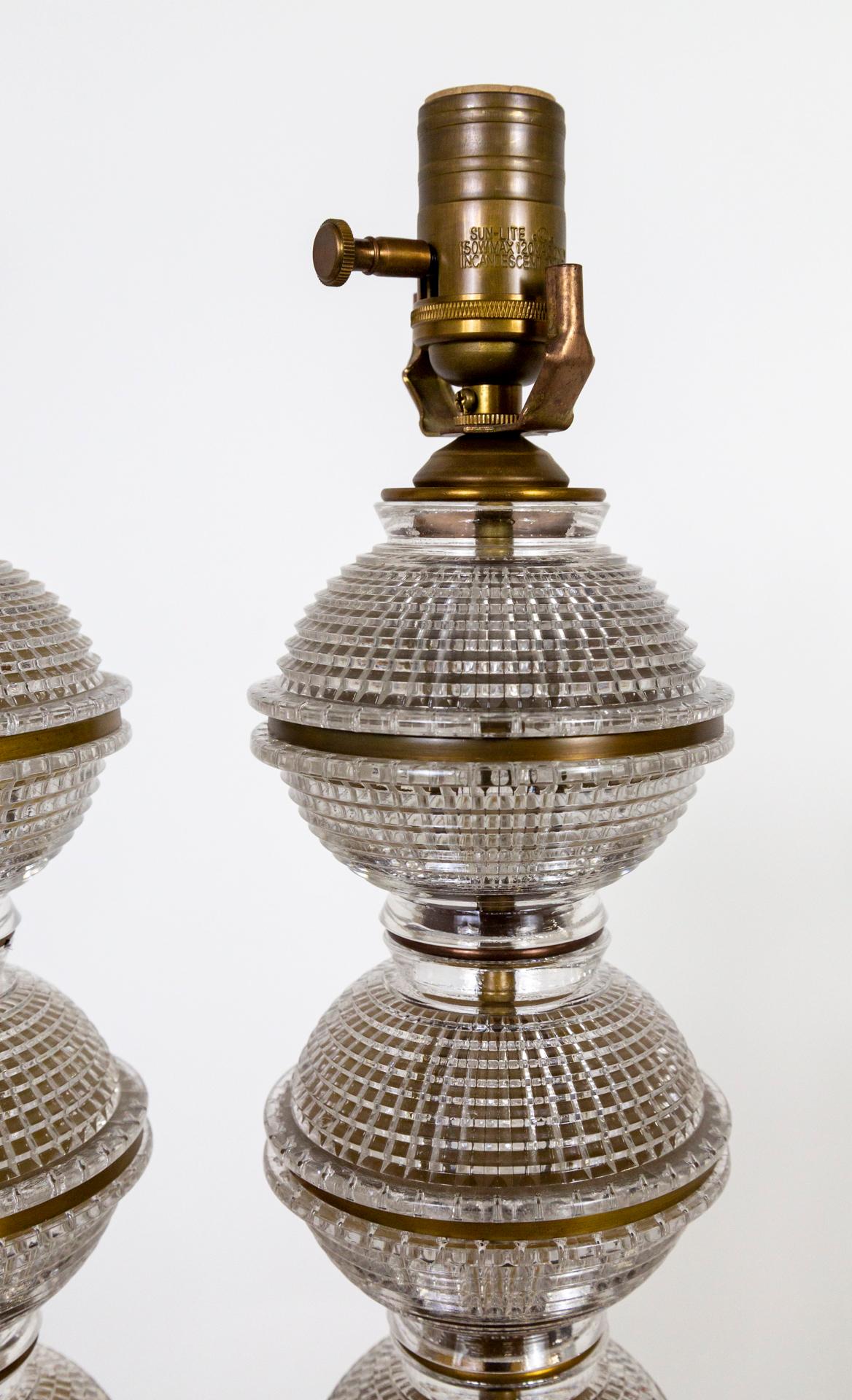 Pressed Stacked Quilted Glass Spheres Lamps, 'Pair'