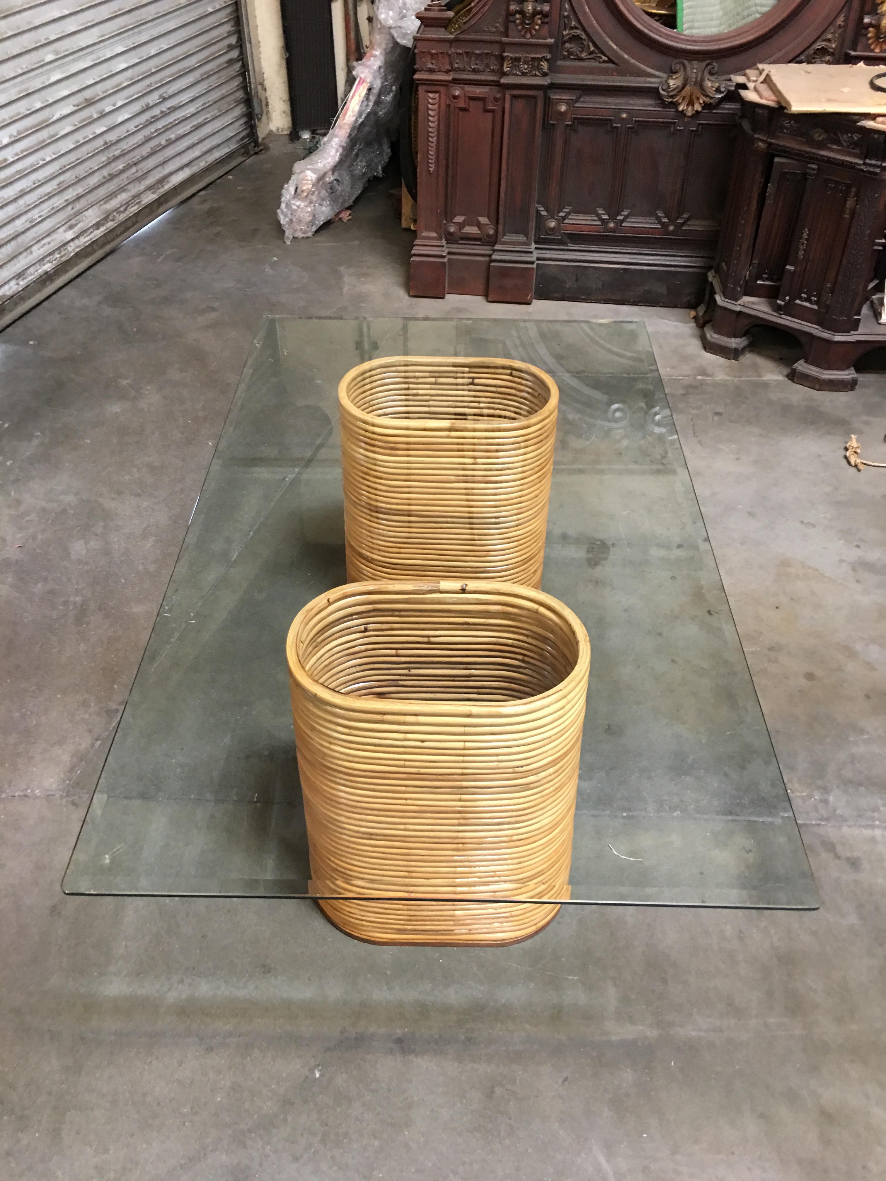 Mid-20th Century Stacked Rattan Dining Table with Rectangle Glass Top For Sale