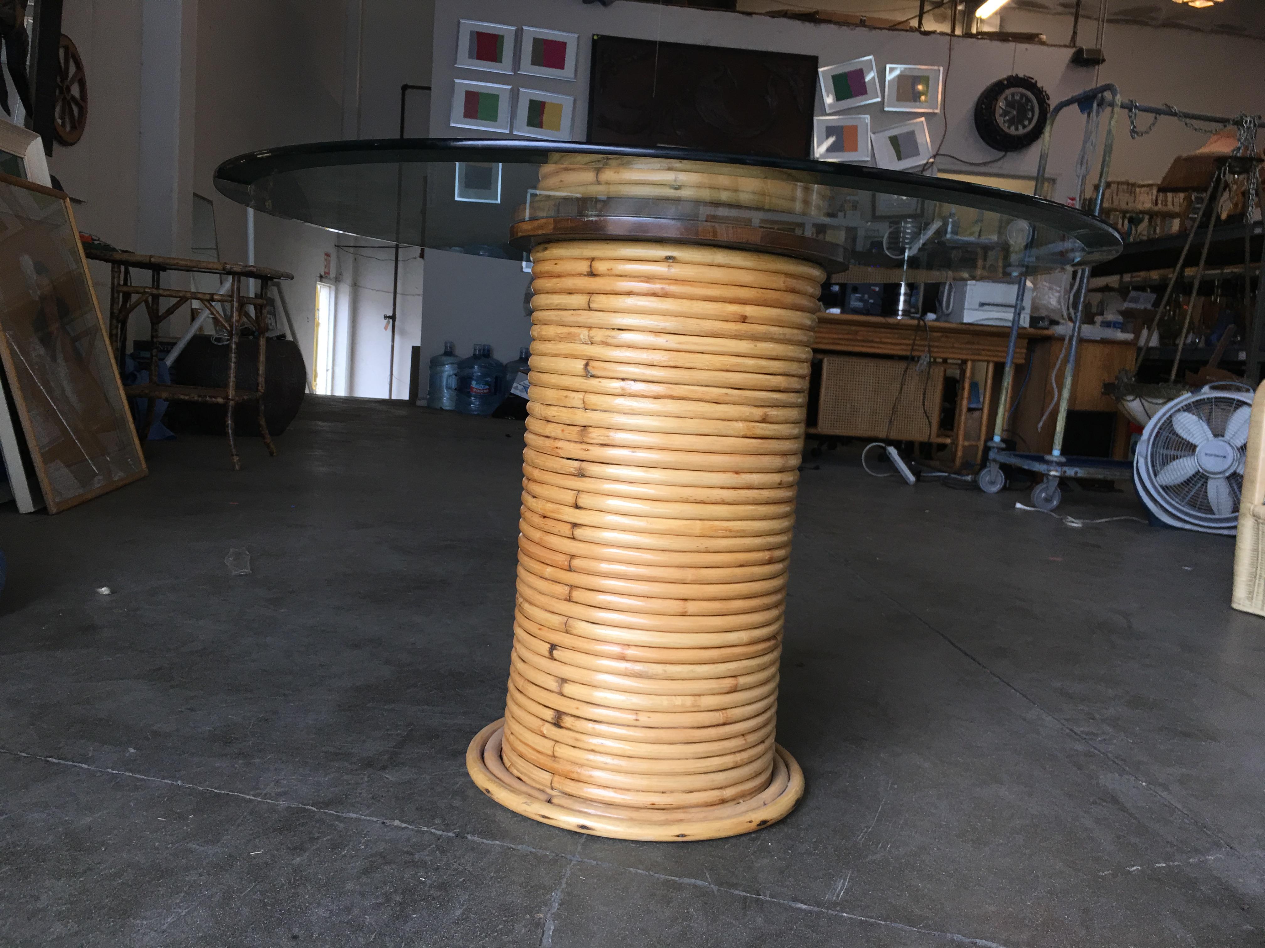 Mid-Century Modern Restored Stacked Rattan Pedestal or End Table with Round 24 Inch Glass Top