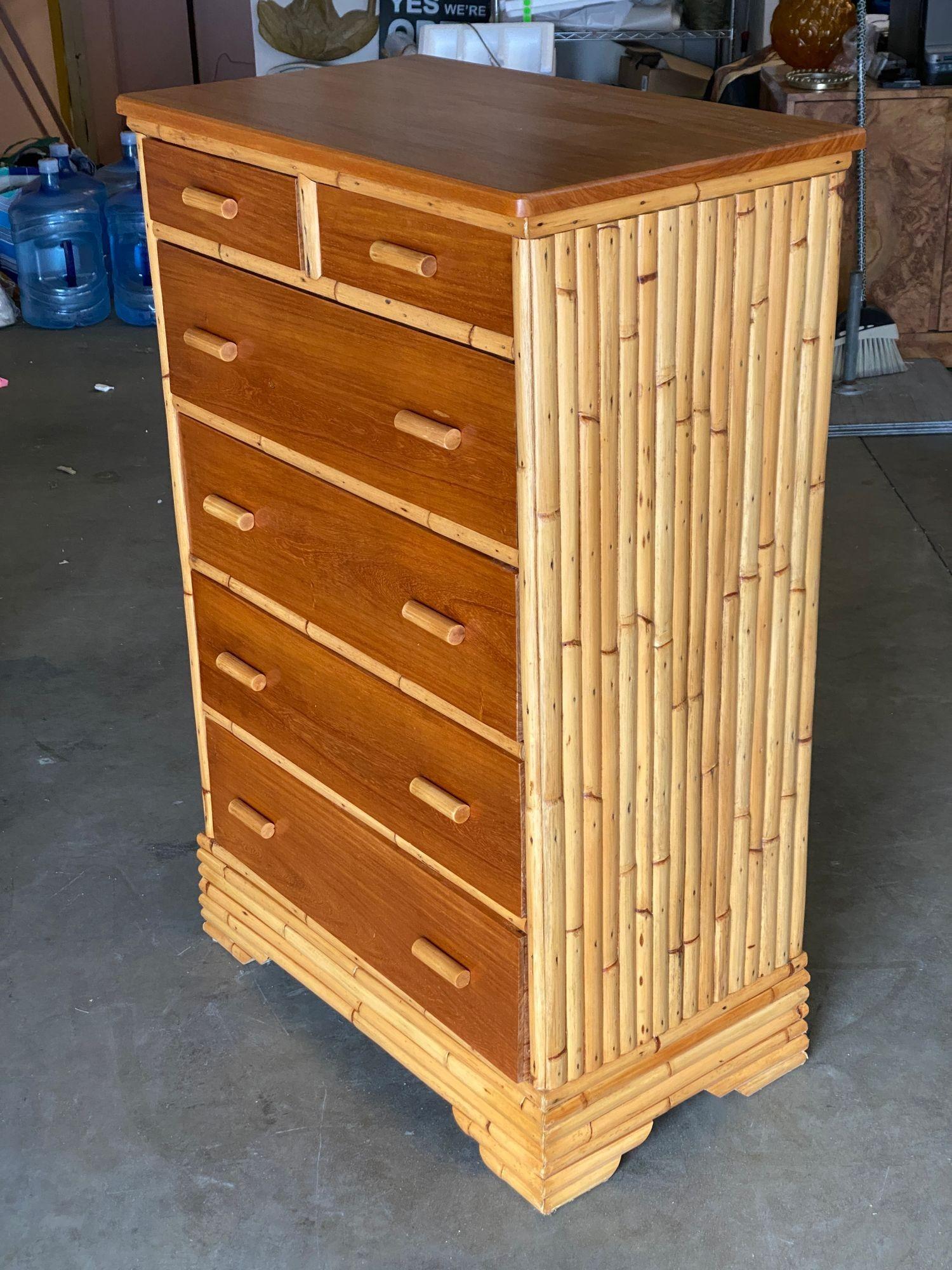 North American Restored Stacked Rattan Highboy Dresser with Mahogany Top by Kane Kraft