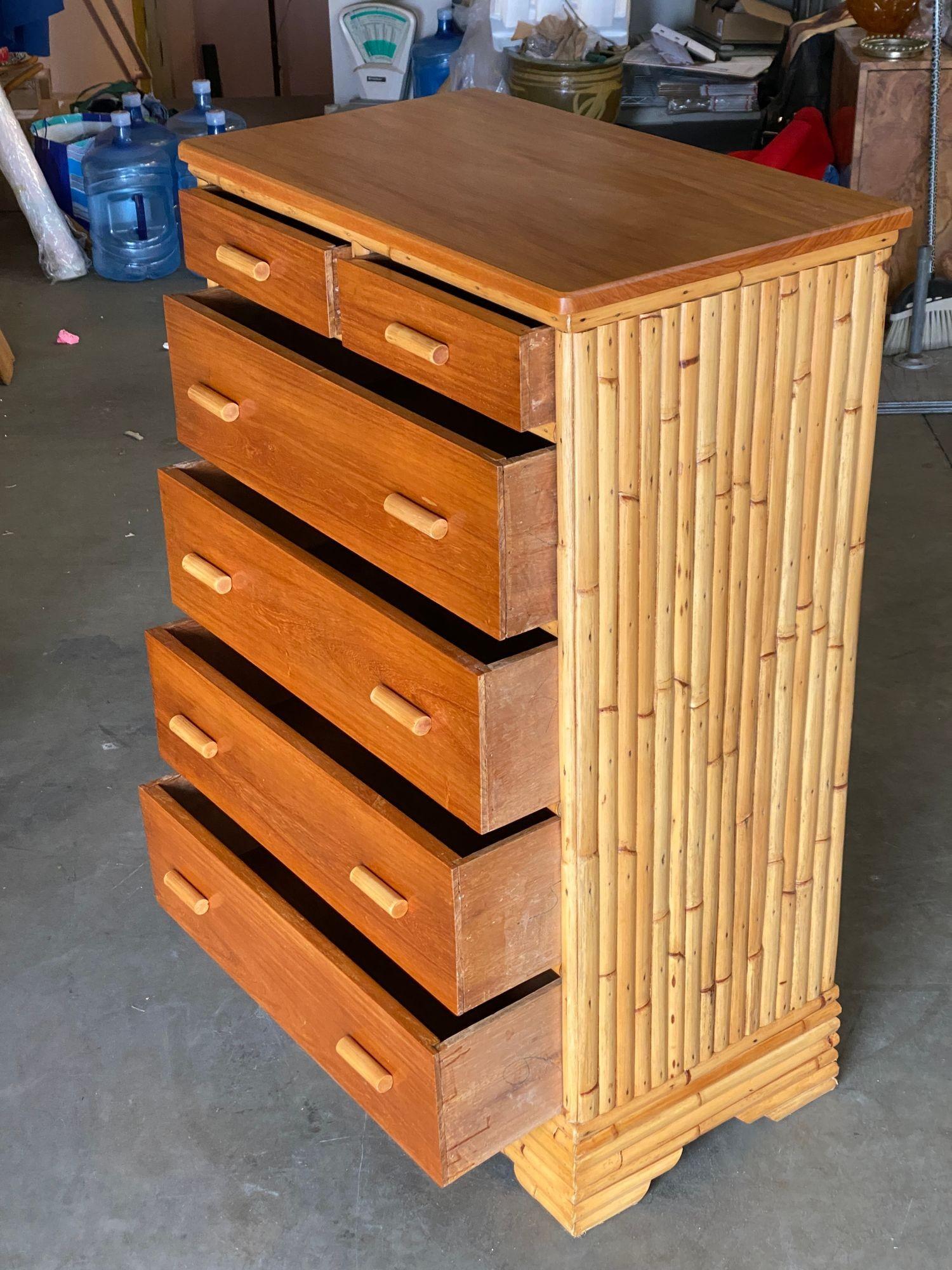 Restored Stacked Rattan Highboy Dresser with Mahogany Top by Kane Kraft In Excellent Condition In Van Nuys, CA
