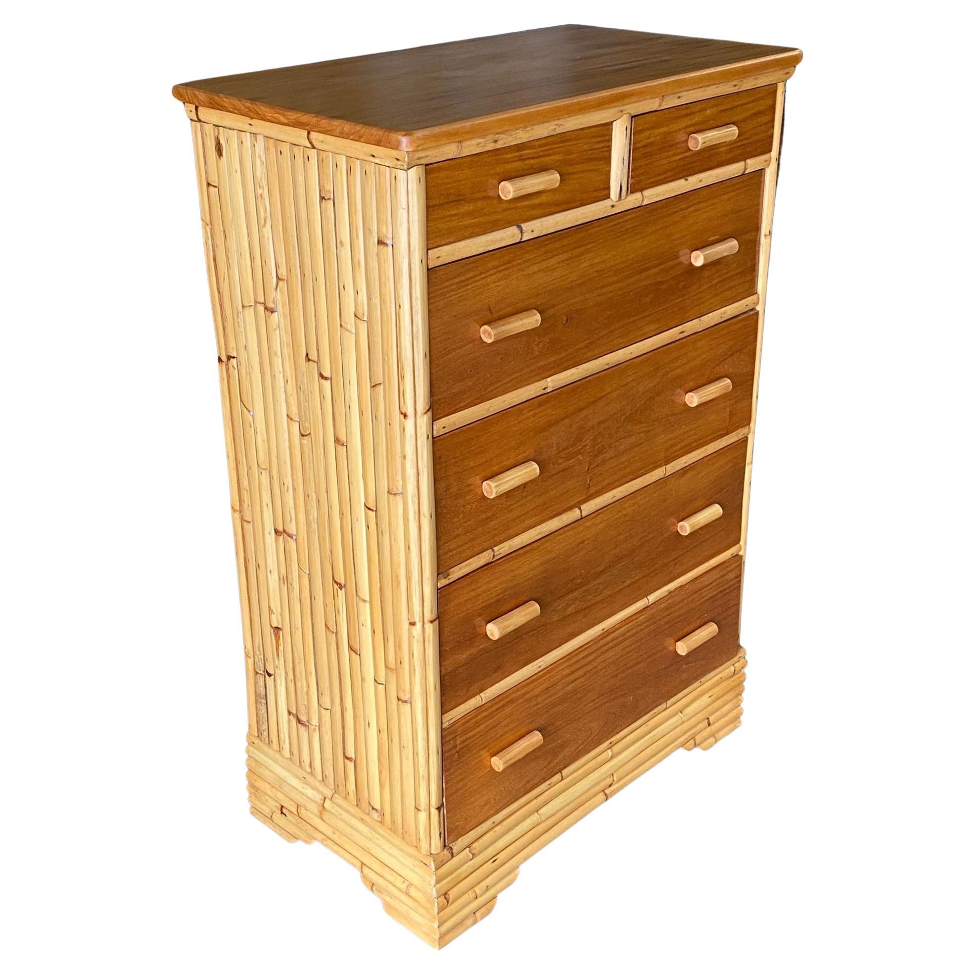 Restored Stacked Rattan Highboy Dresser with Mahogany Top by Kane Kraft